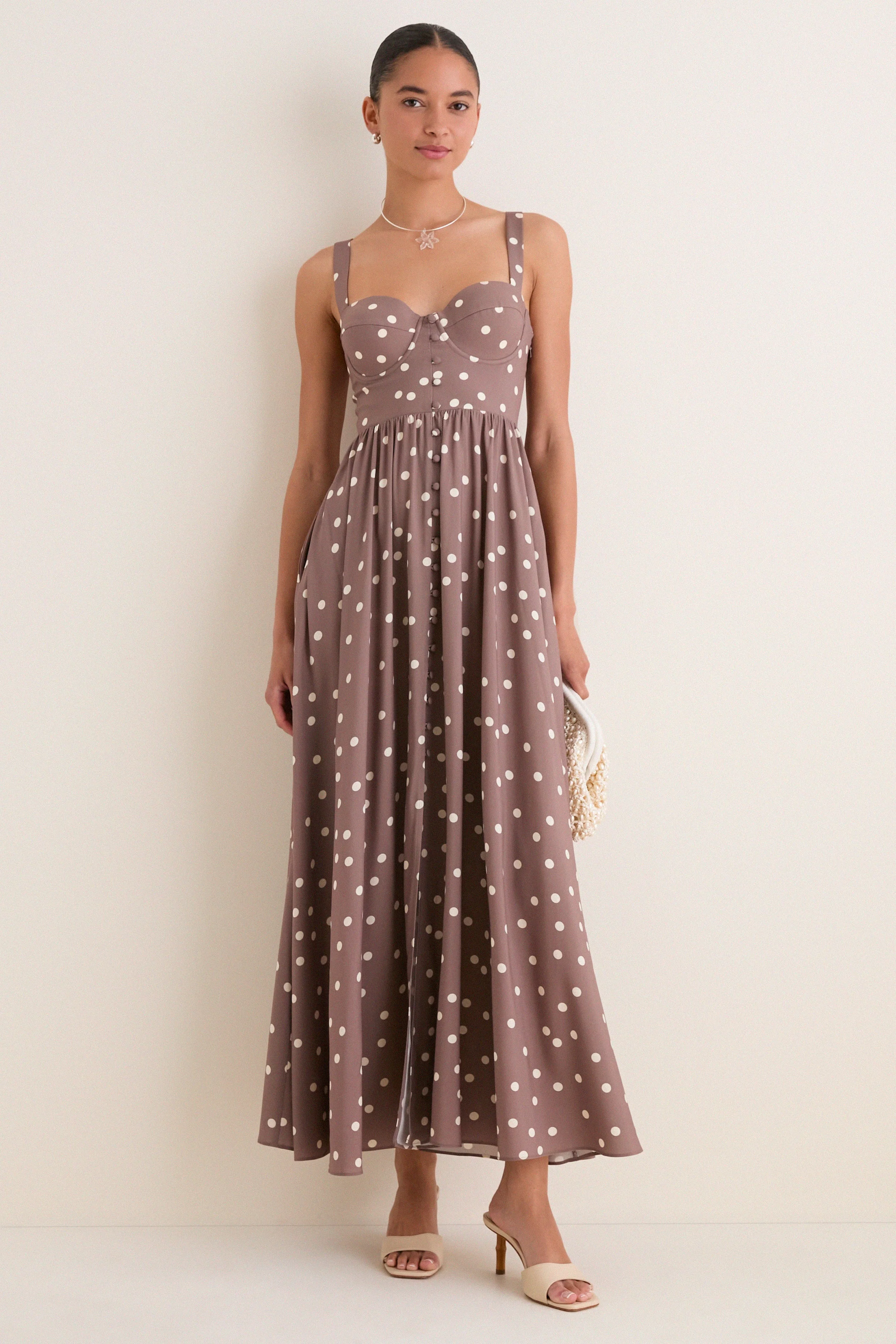 Cardamom and Ecru Polka Dot Rosette Maxi Dress