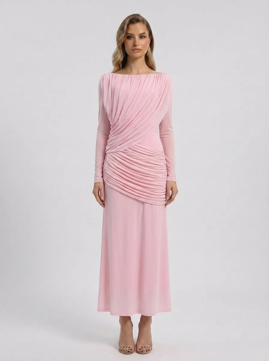 Crystal | Women's Off Shoulder Ruched Long Sleeve Maxi Wedding Guest Dress