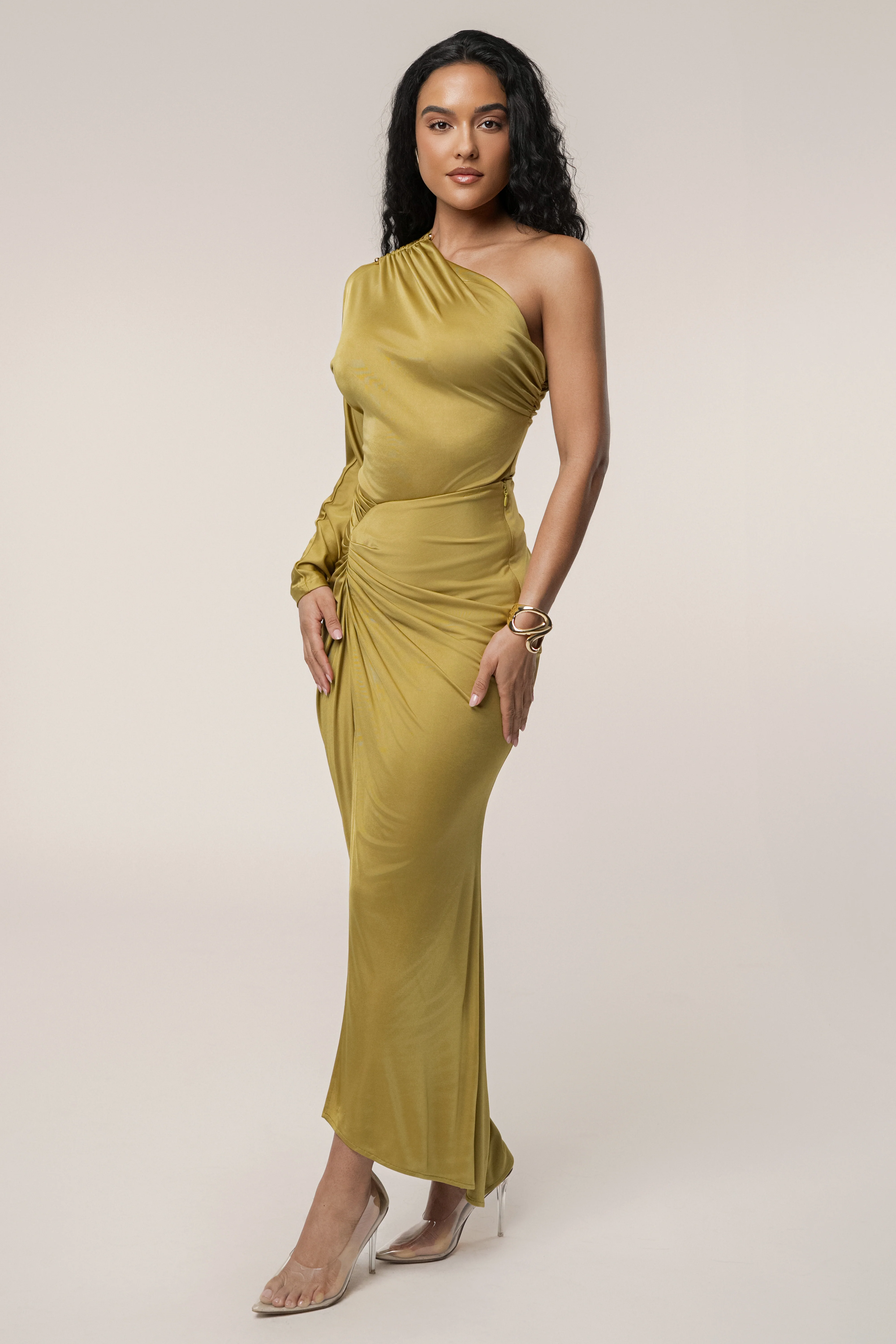 Lime One Shoulder Shirred Bodysuit