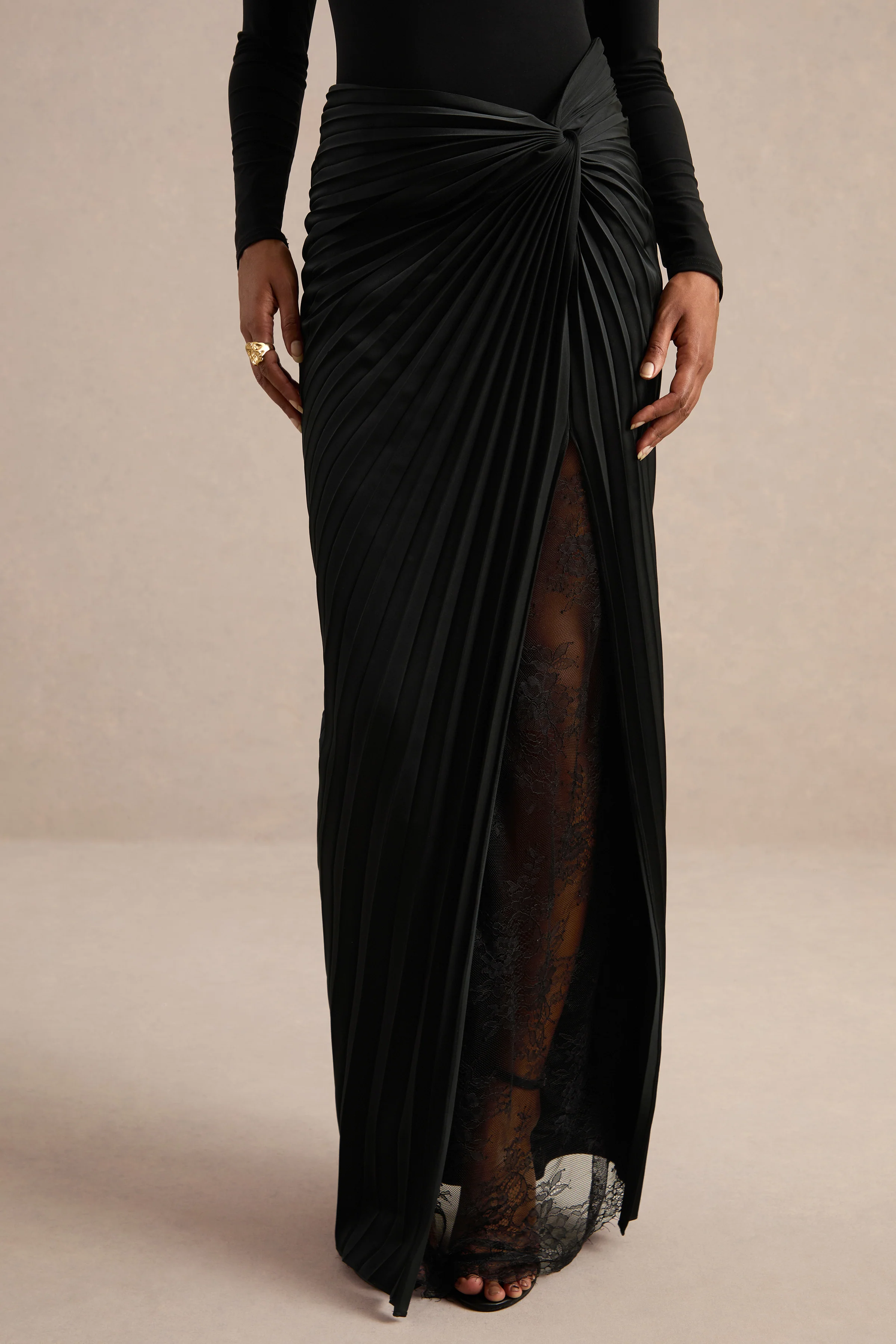 Lassia | Black Satin Mid Rise Pleated Maxi Skirt With Lace Detailing And Split