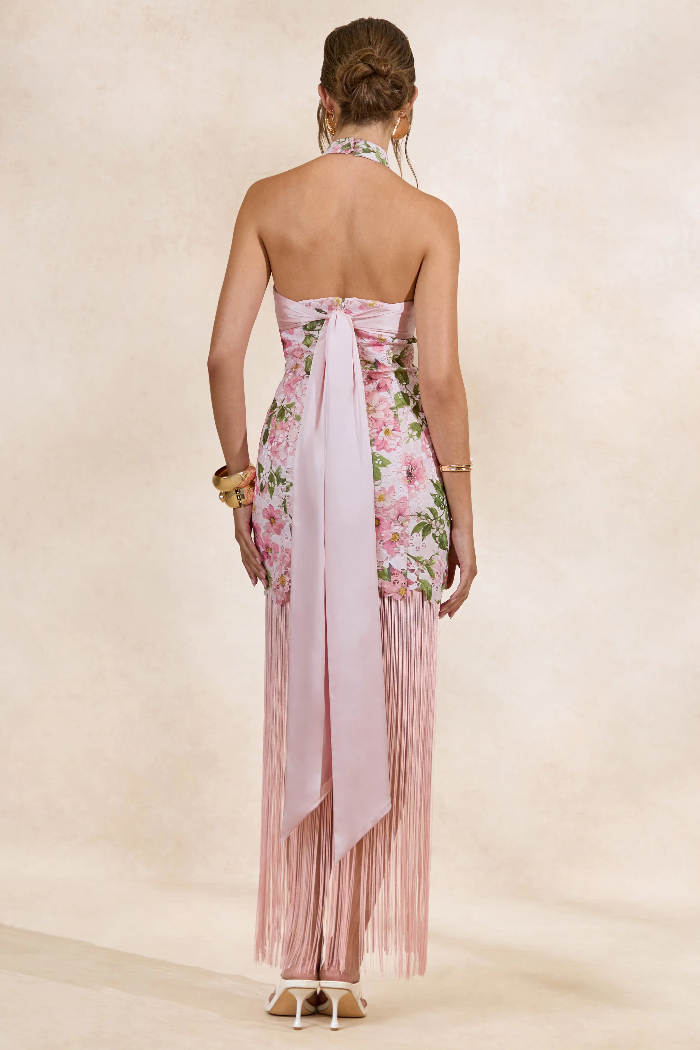Lerisa | Pink Floral Print Lace Halter-Neck Fringed Maxi Dress