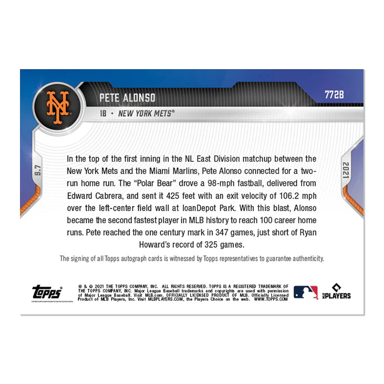 On-Card Auto # to 49 - Pete Alonso - 2021 MLB TOPPS NOW® Card 772B