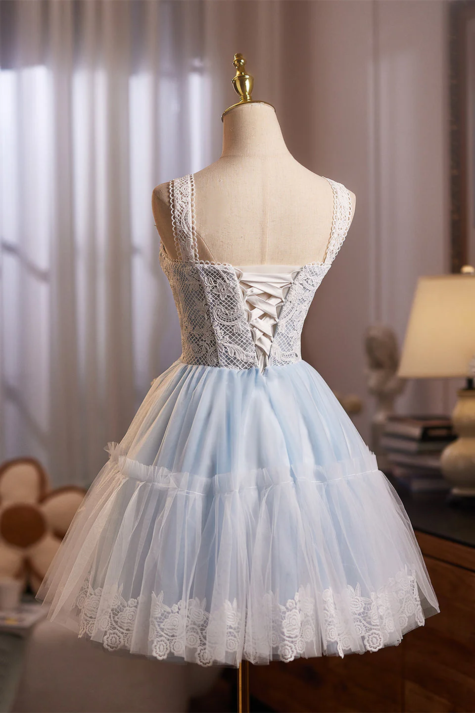 Square Neck Blue Lace Stitching Short Dress