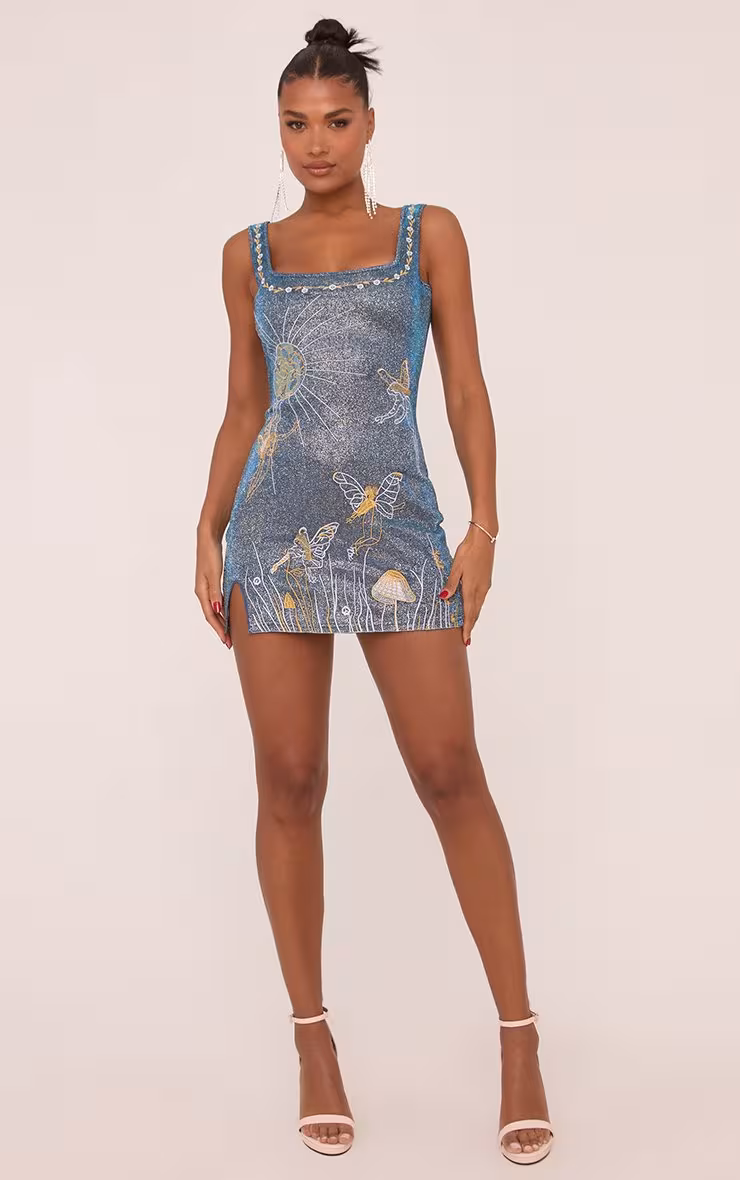 Square Neck Midnight Graphic Print Mini Bodycon Dress In Blue Glitter