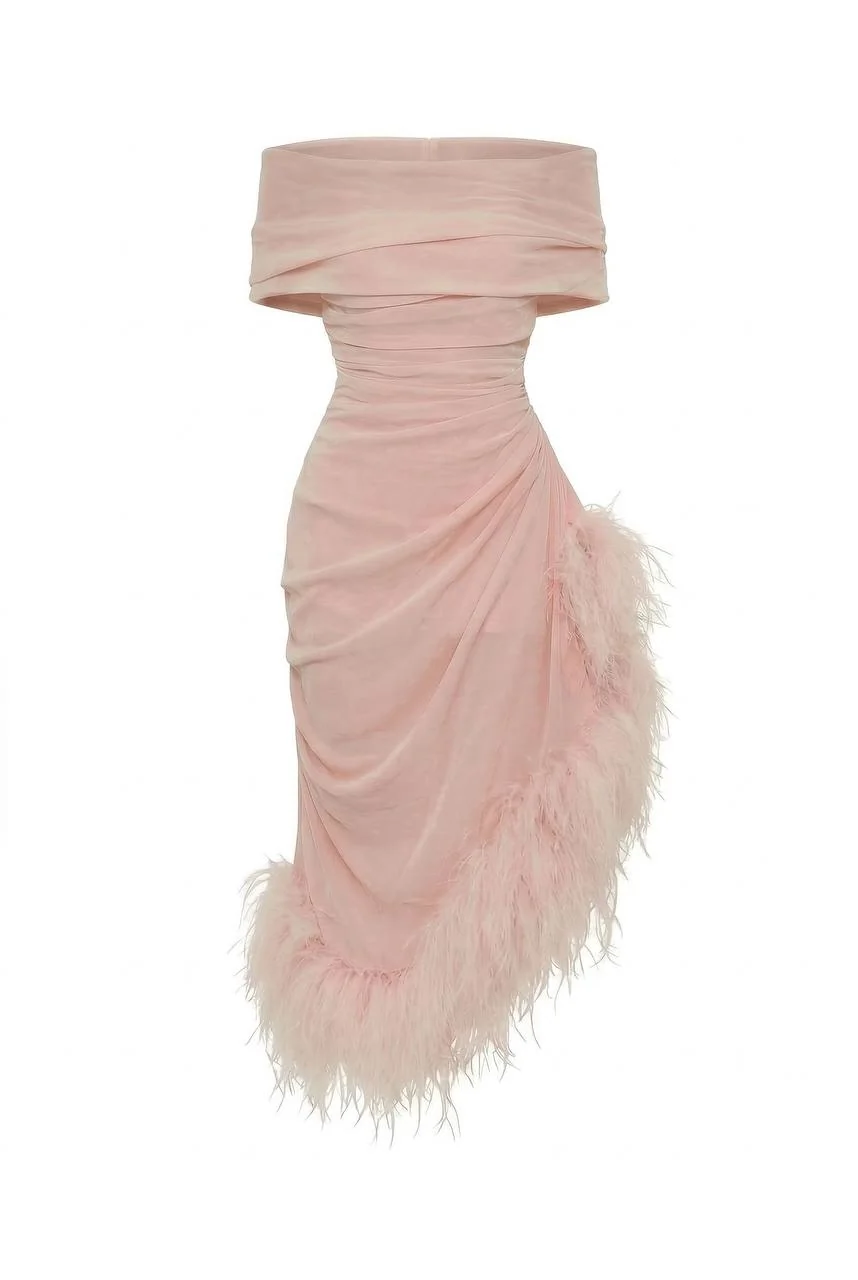 Velvet Pink Midi Dress with Feathers
