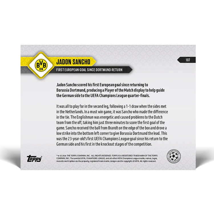 Topps UK - Jadon Sancho - Strikes home first goal since Dortmund return - UCL TOPPS NOW® Card #107