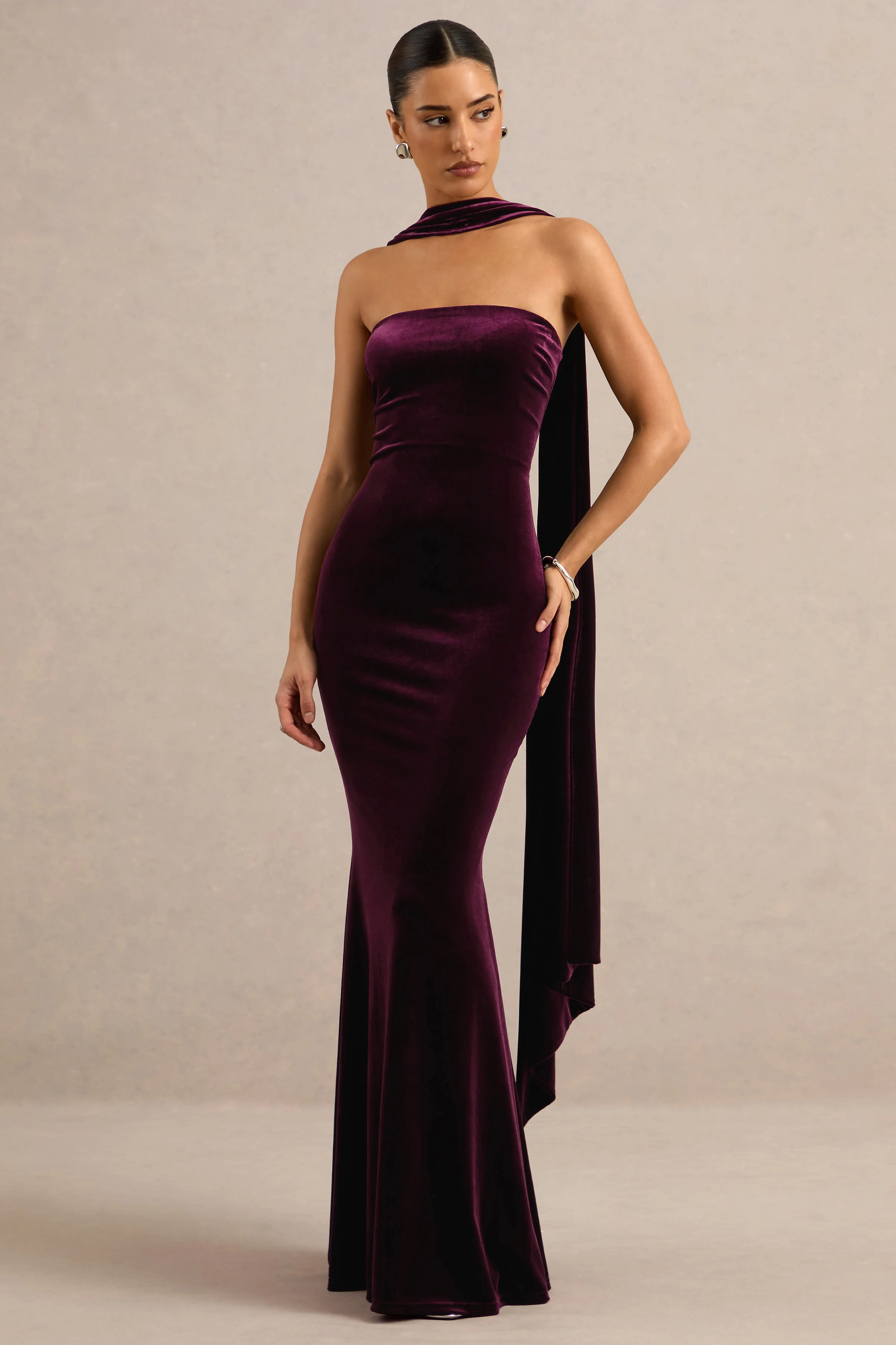Vesperine | Purple Velvet Bandeau Maxi Dress With Back Split And Scarf Detail