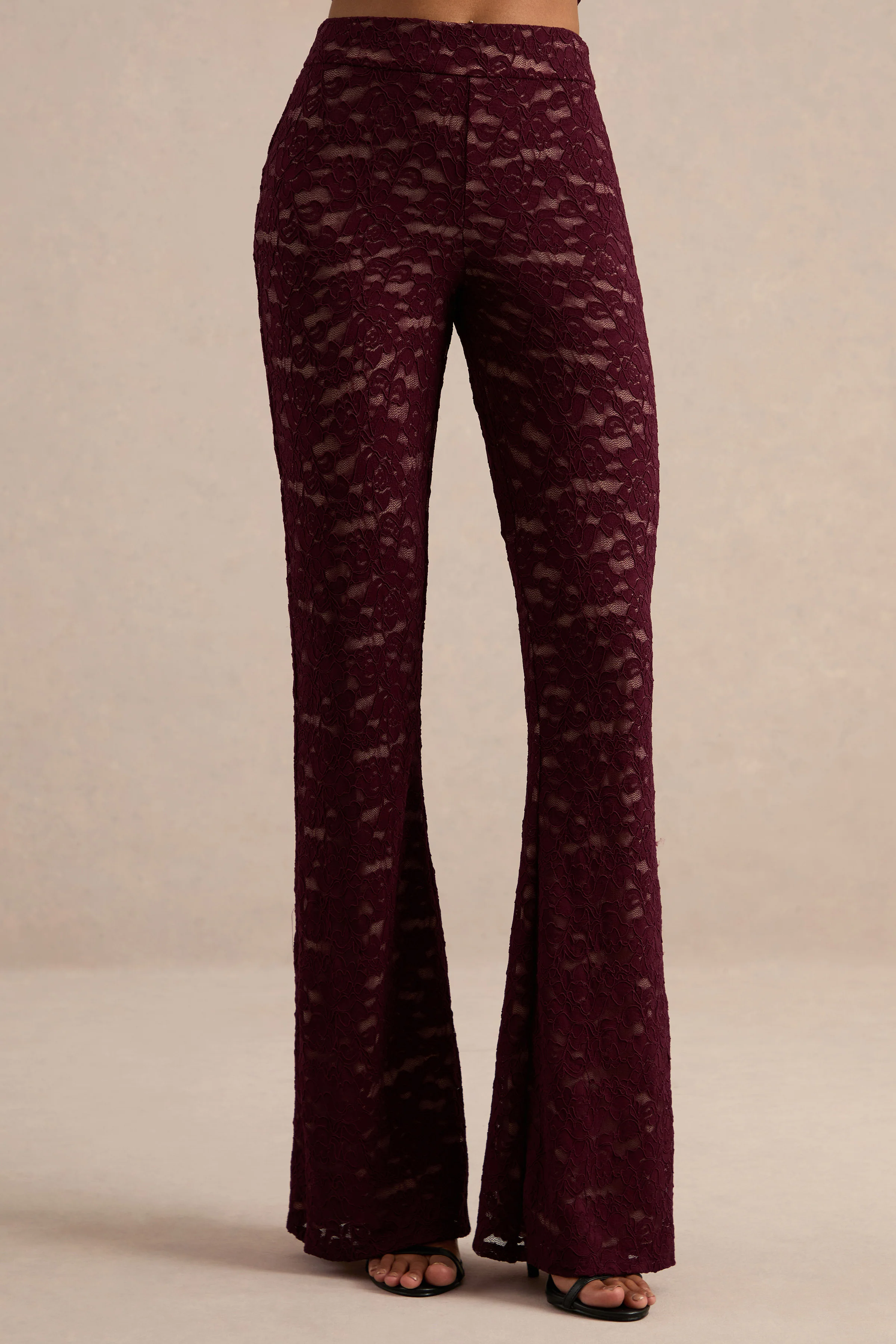 Primella | Burgundy Lace Mid Rise Trousers With Tailoring
