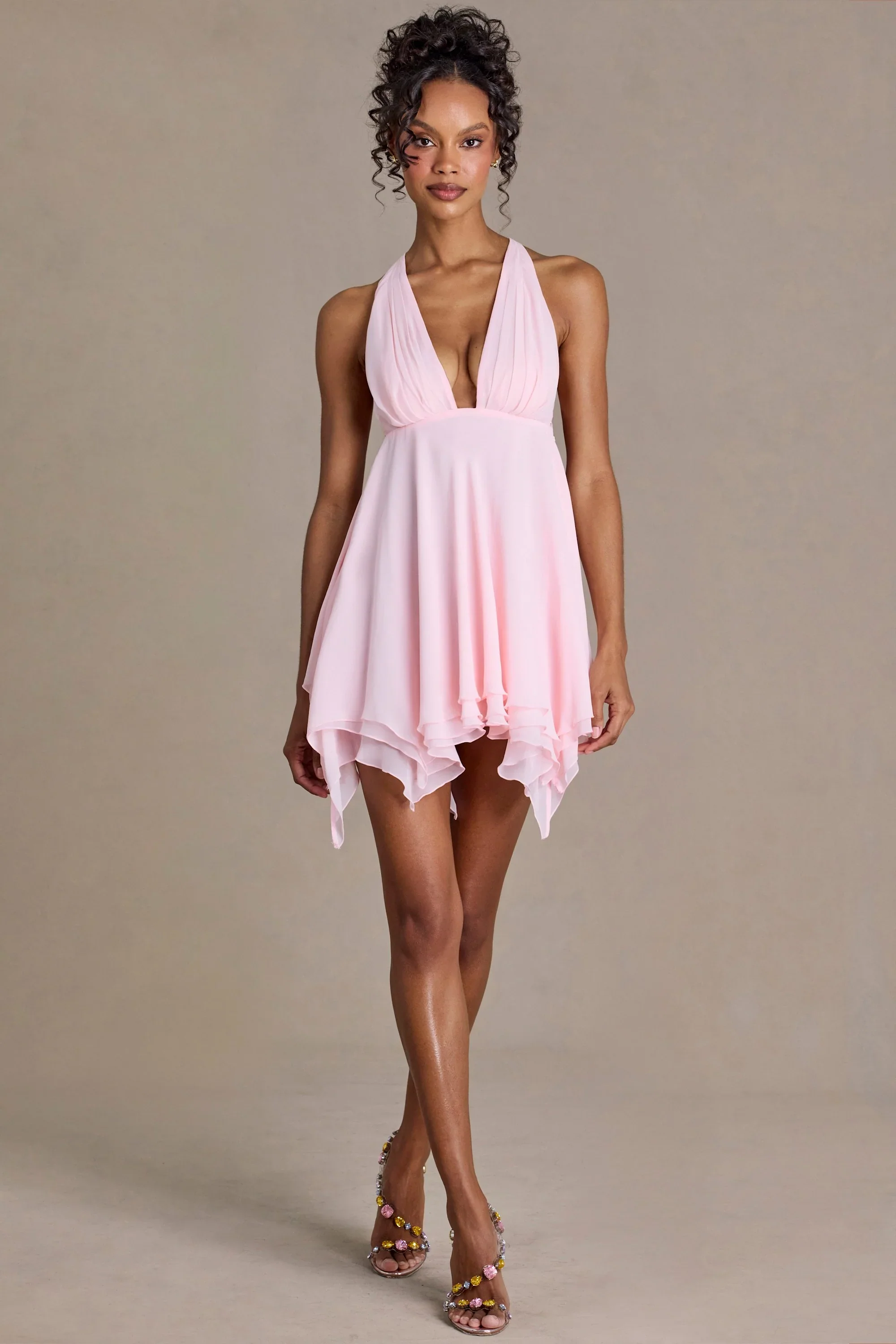 Premium Chiffon Plunge-Neck Open-Back Mini Dress in Baby Pink