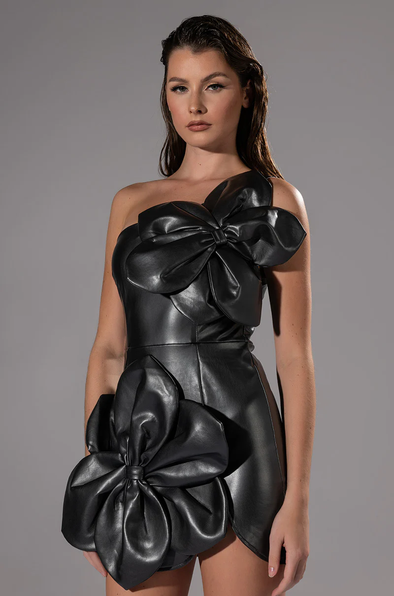 Gemma Floral Detail Faux Leather One Shoulder Mini Dress