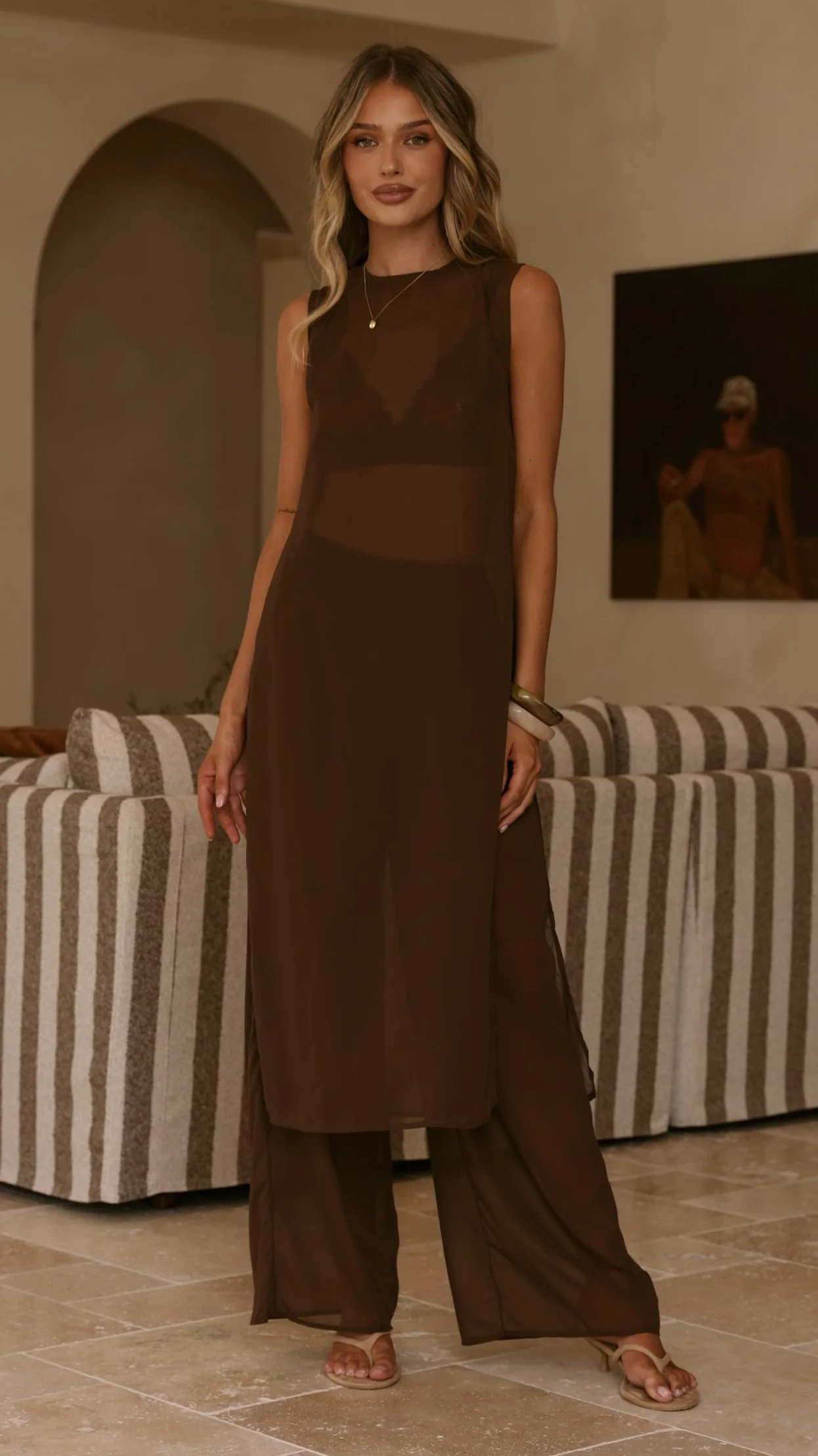 Zaire Long Line Sheer Top and Pants Set - Chocolate