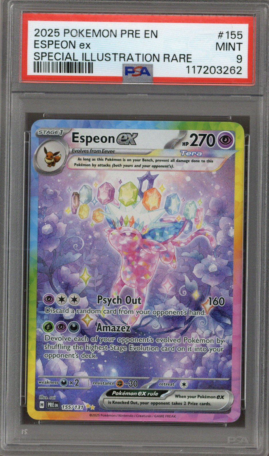 2025 Pokemon Prismatic Evolutions Espeon ex SIR PSA 9