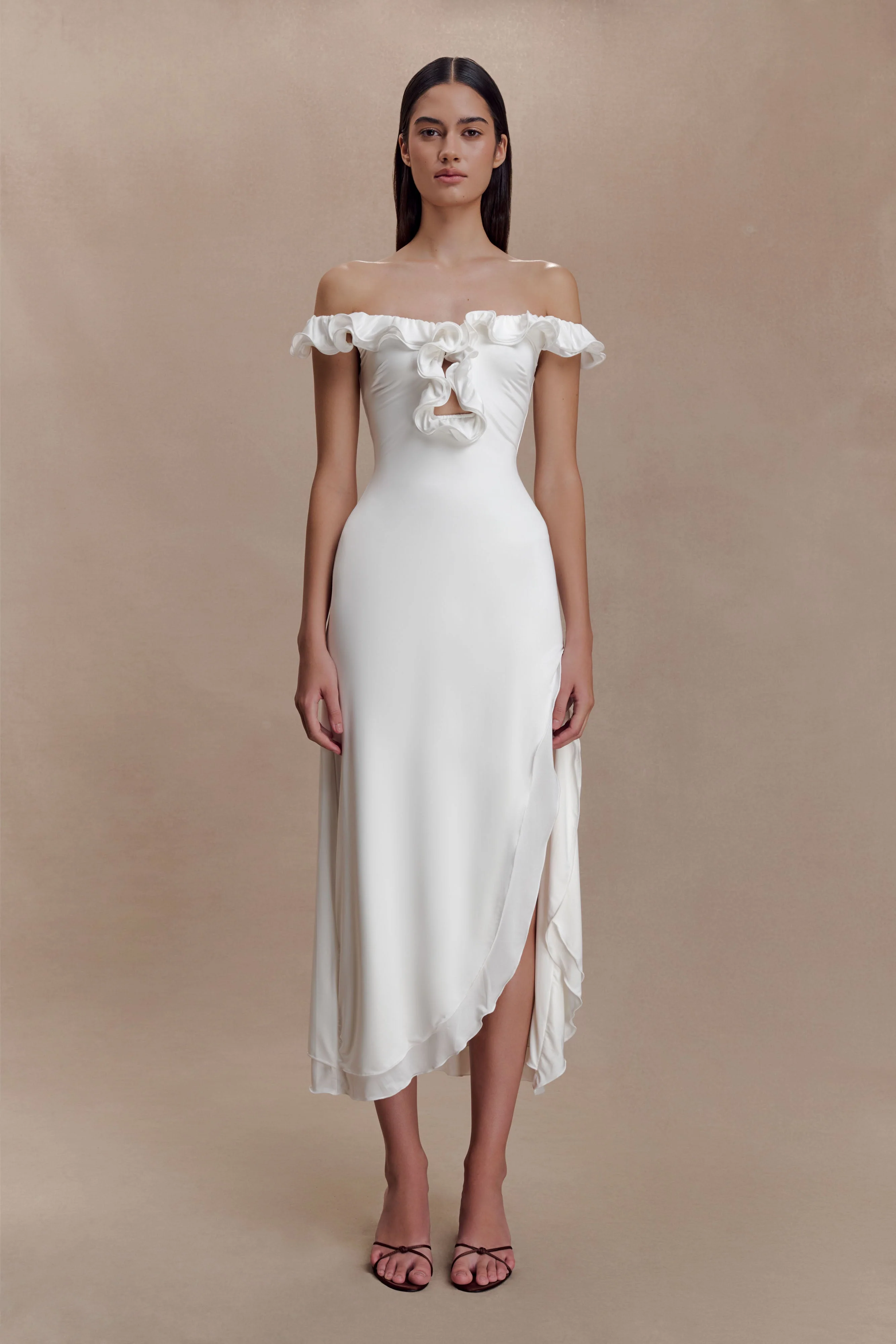 Allegra Off Shoulder Ruffle Midi Dress - Ivory