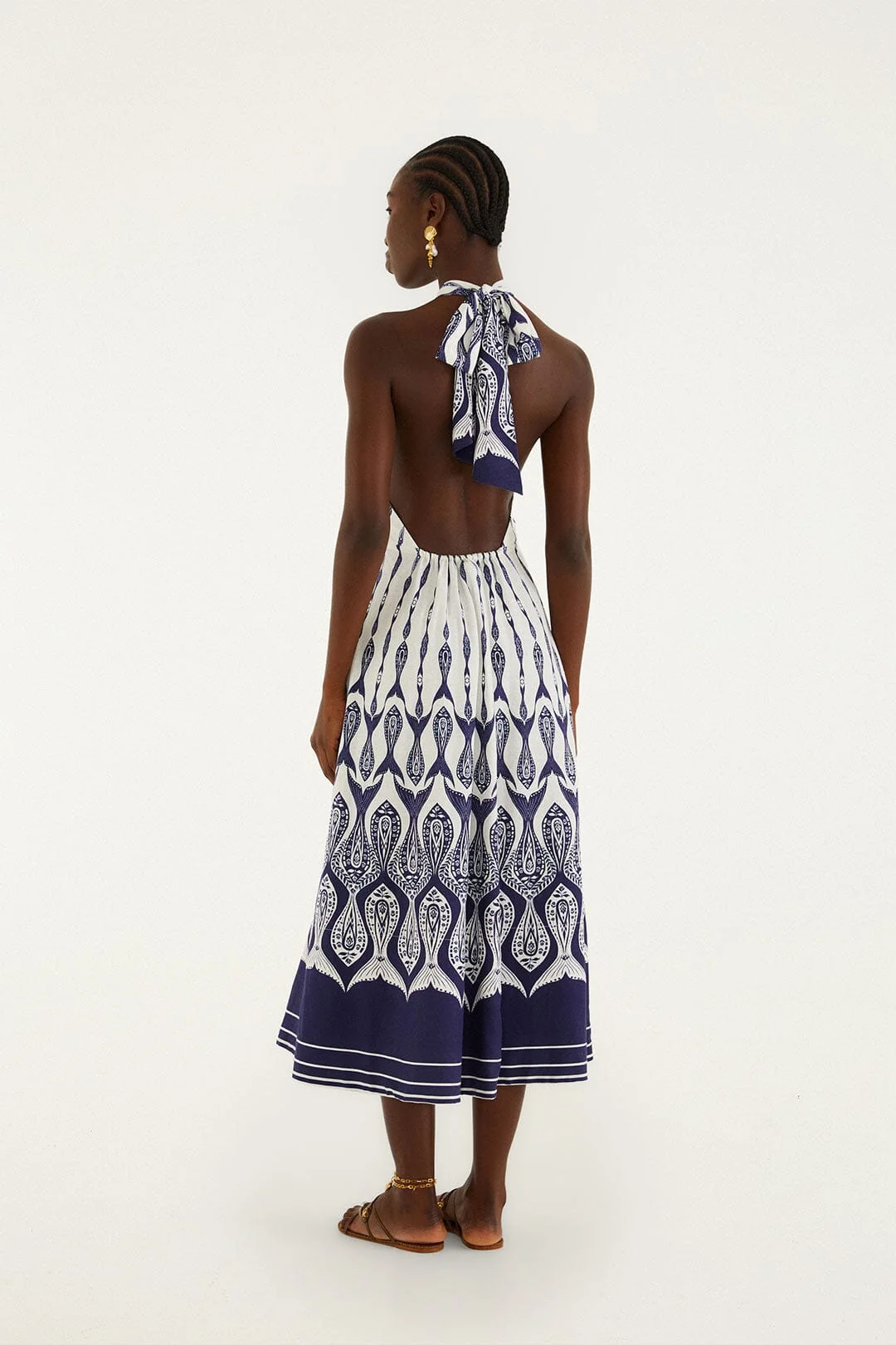 Off-White Fishes Flow Halter Neck Midi Dress