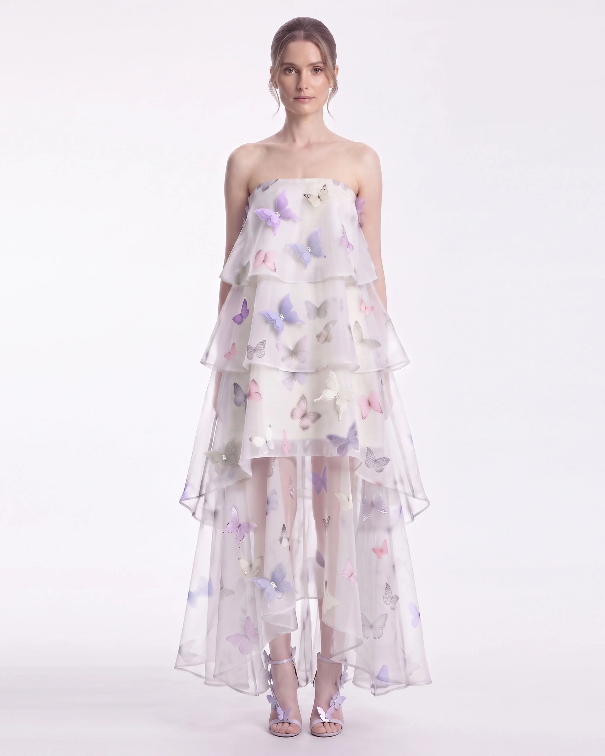 Butterfly Appliqué Tiered Strapless High-Low Dress - Ivory