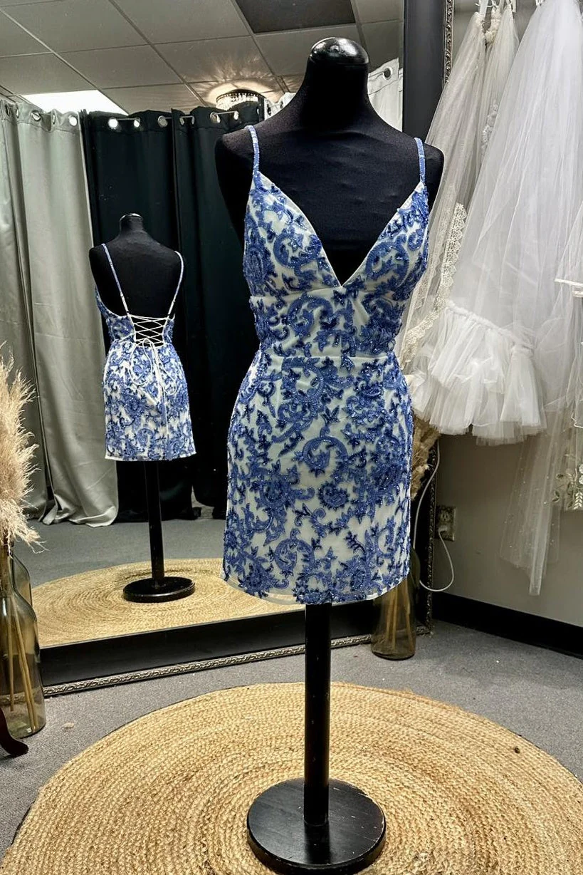 V-neck Periwinkle Sequin Bodycon Short Dress