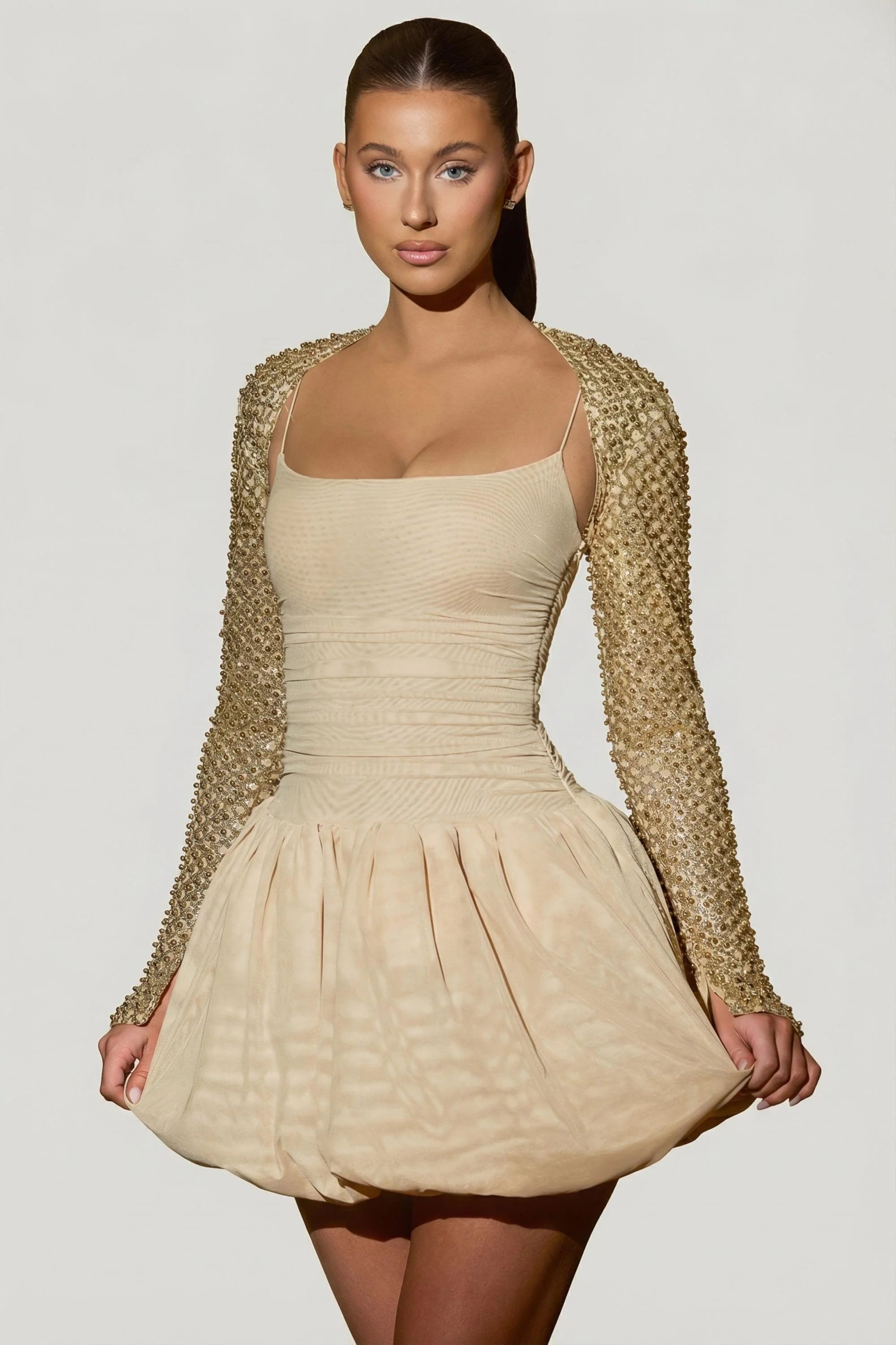 Embellished Bubble Hem Mini Dress in Gold