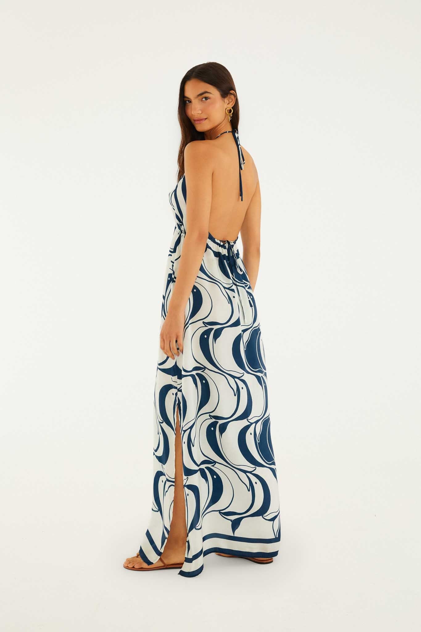 Blue Plunging Neck Maxi Dress