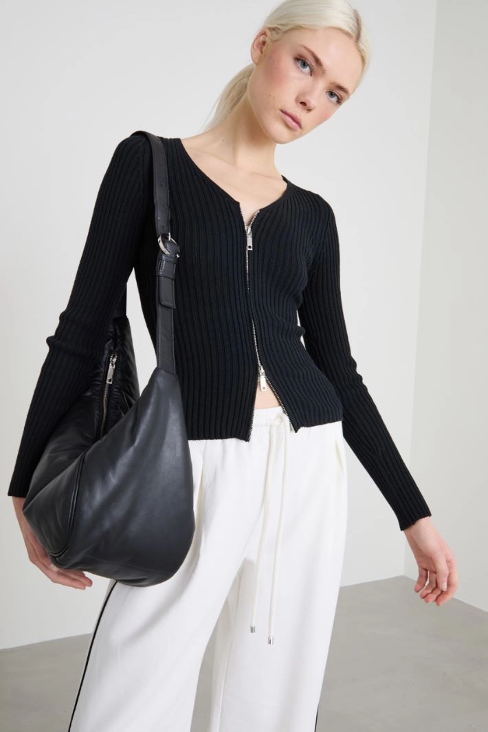 Zip-up rib-knit cardigan - BLACK