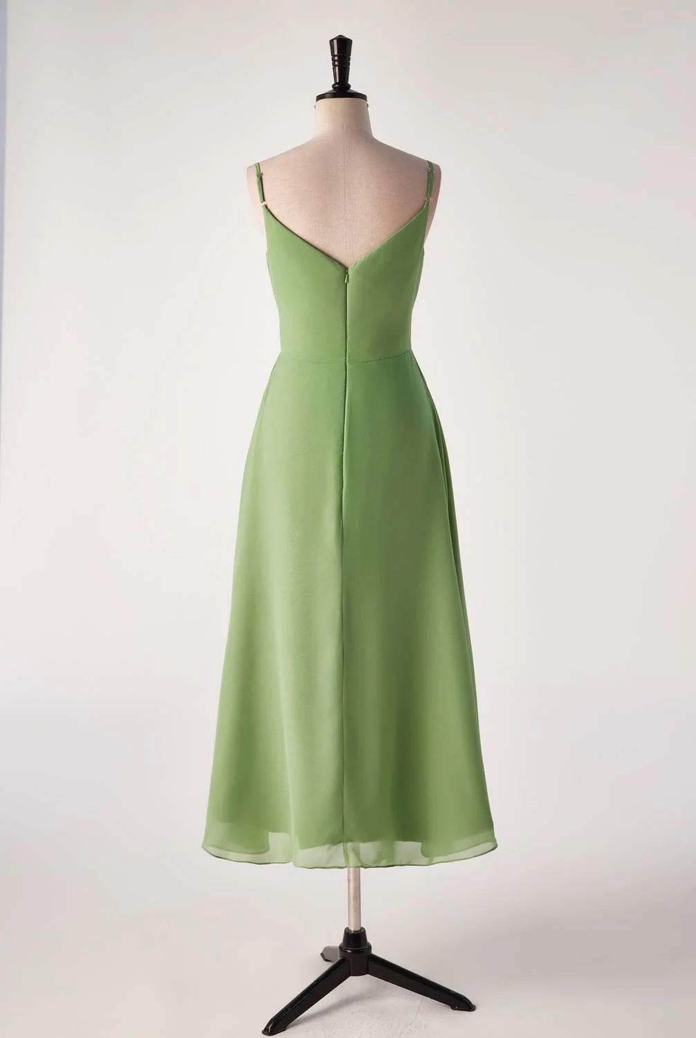 Matcha Green Straps Tea Length Bridesmaid Dress