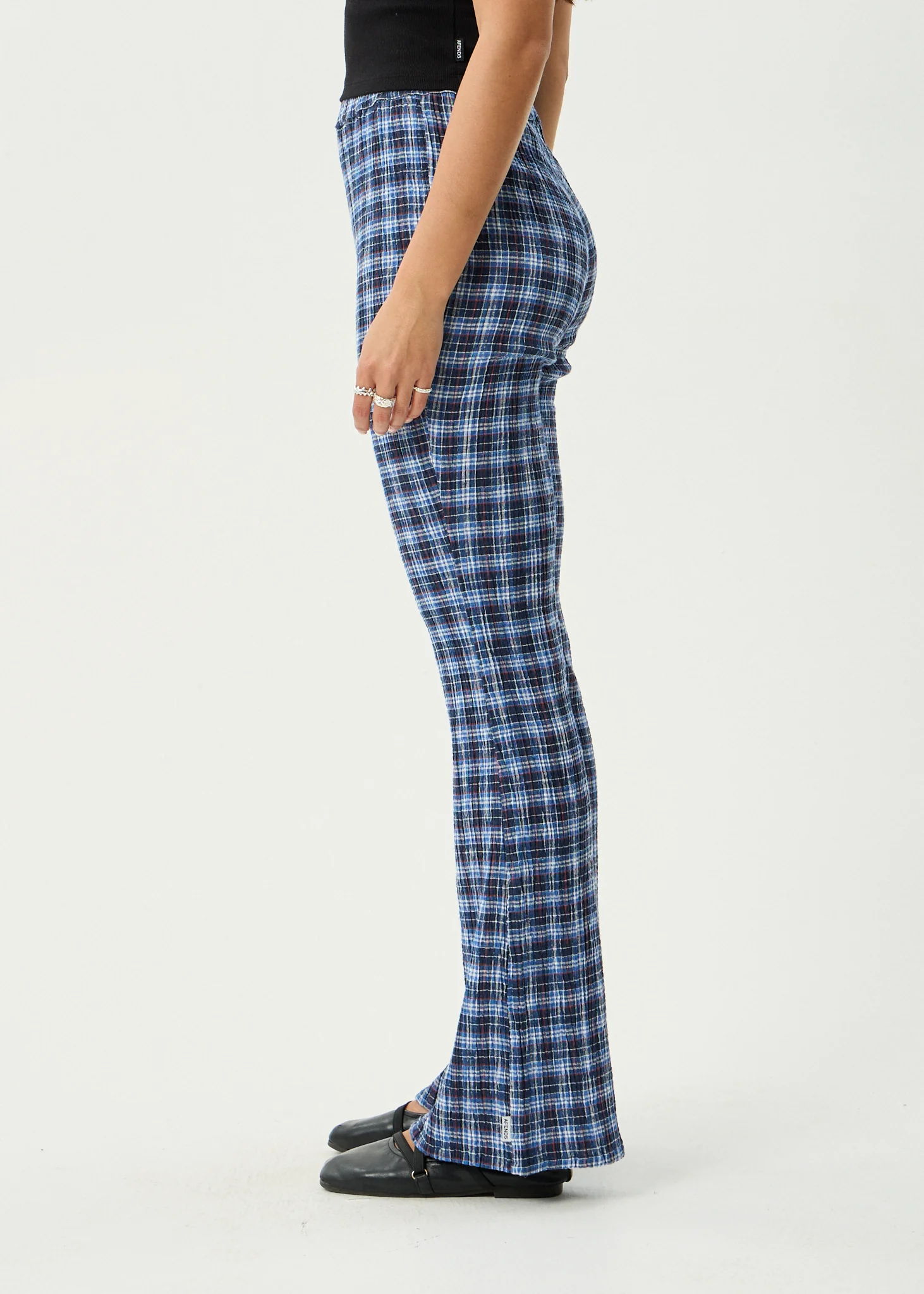 AFENDS Womens Mountains - Seersucker Flare Pant - Navy Red Check