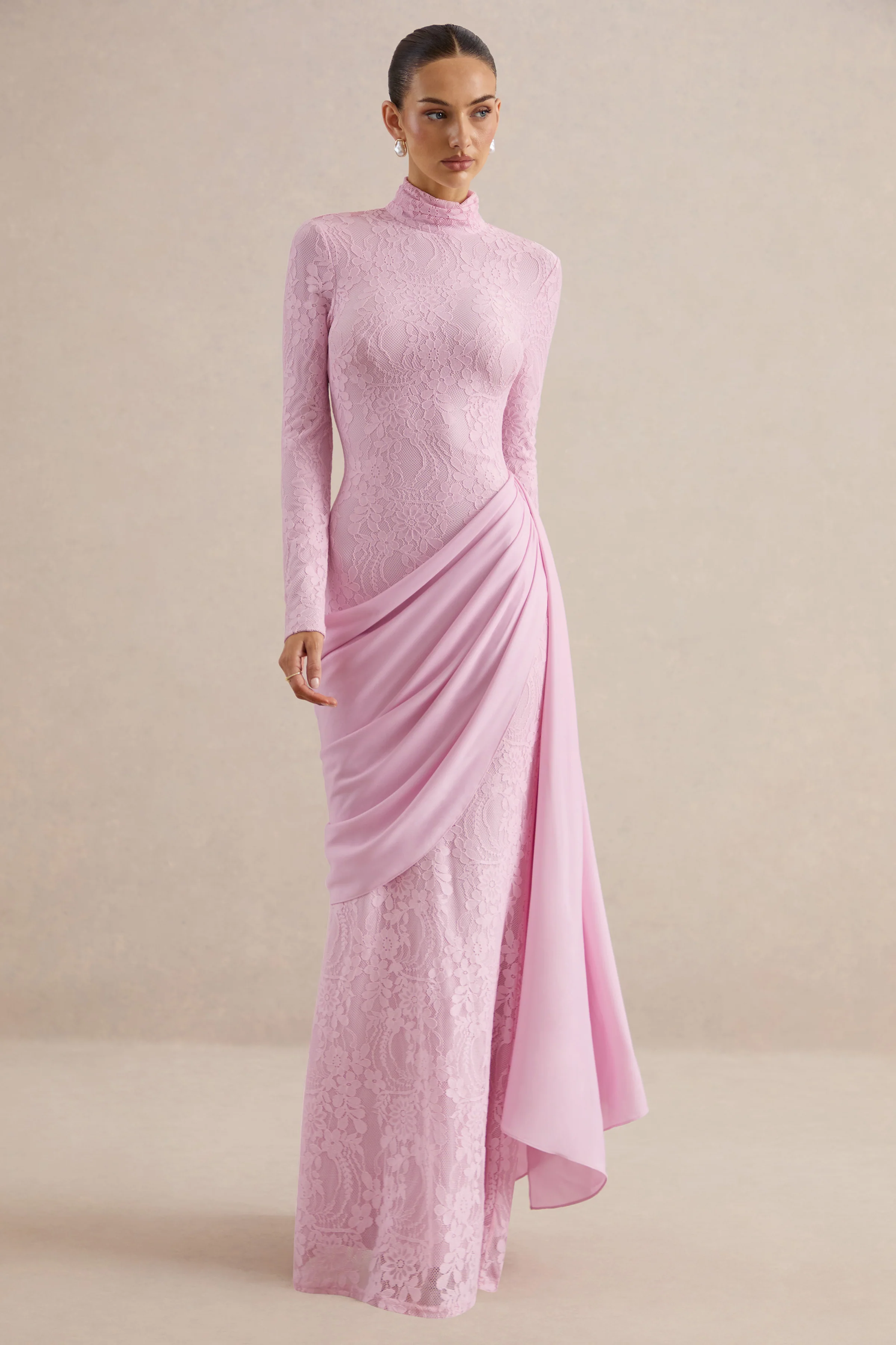 Enestra | Pink Lace High Neck Long Sleeve Maxi Dress With Draped Detailing And Sash