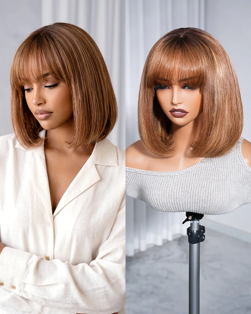 Ophirawig 6x6 Lace Straight Bob Wig Ombre Highlight Honey Blonde with Bangs Glueless Beginner Friendly