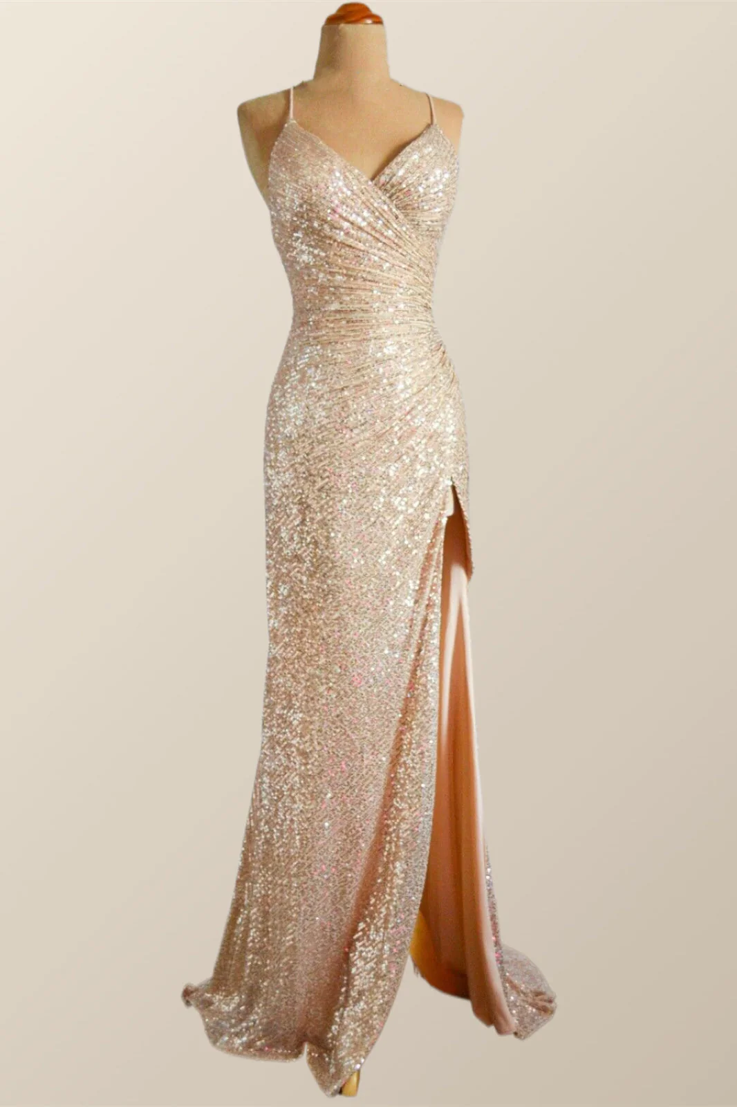 Champagne Sequin Ruched Fitted Long Prom Dress
