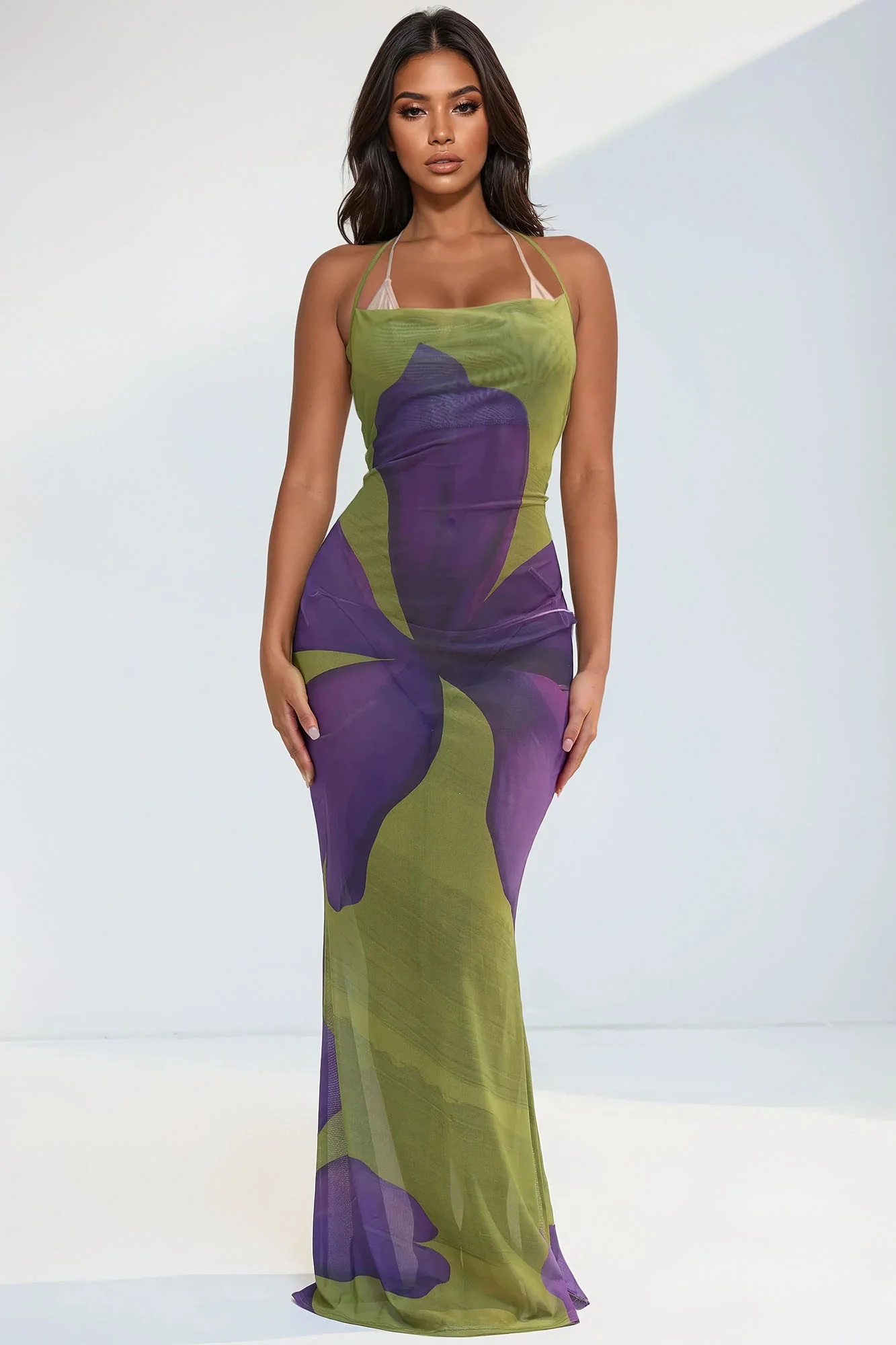 Hawaiian Sun Flower Mesh Cover Up Maxi Dress - Green/combo