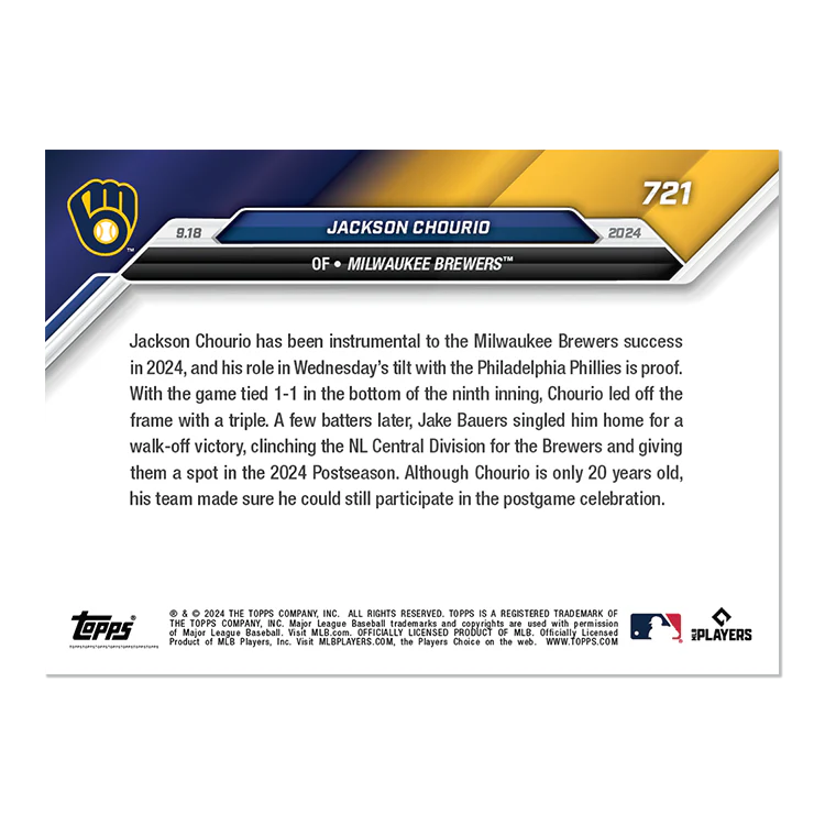Jackson Chourio - 2024 MLB TOPPS NOW® Card 721
