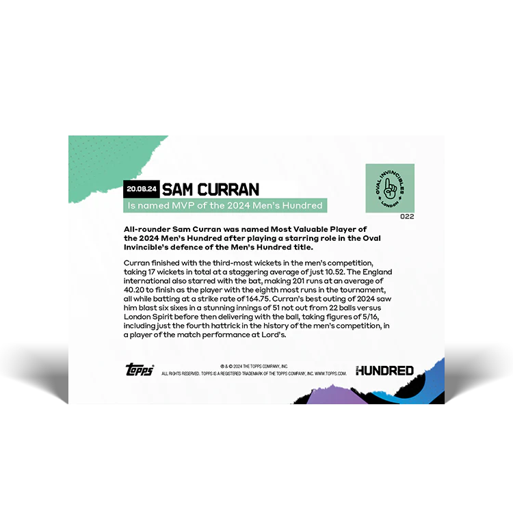 Sam Curran - Is named MVP of the 2024 Men’s Hundred - 2024 The Hundred TOPPS NOW® Card 22