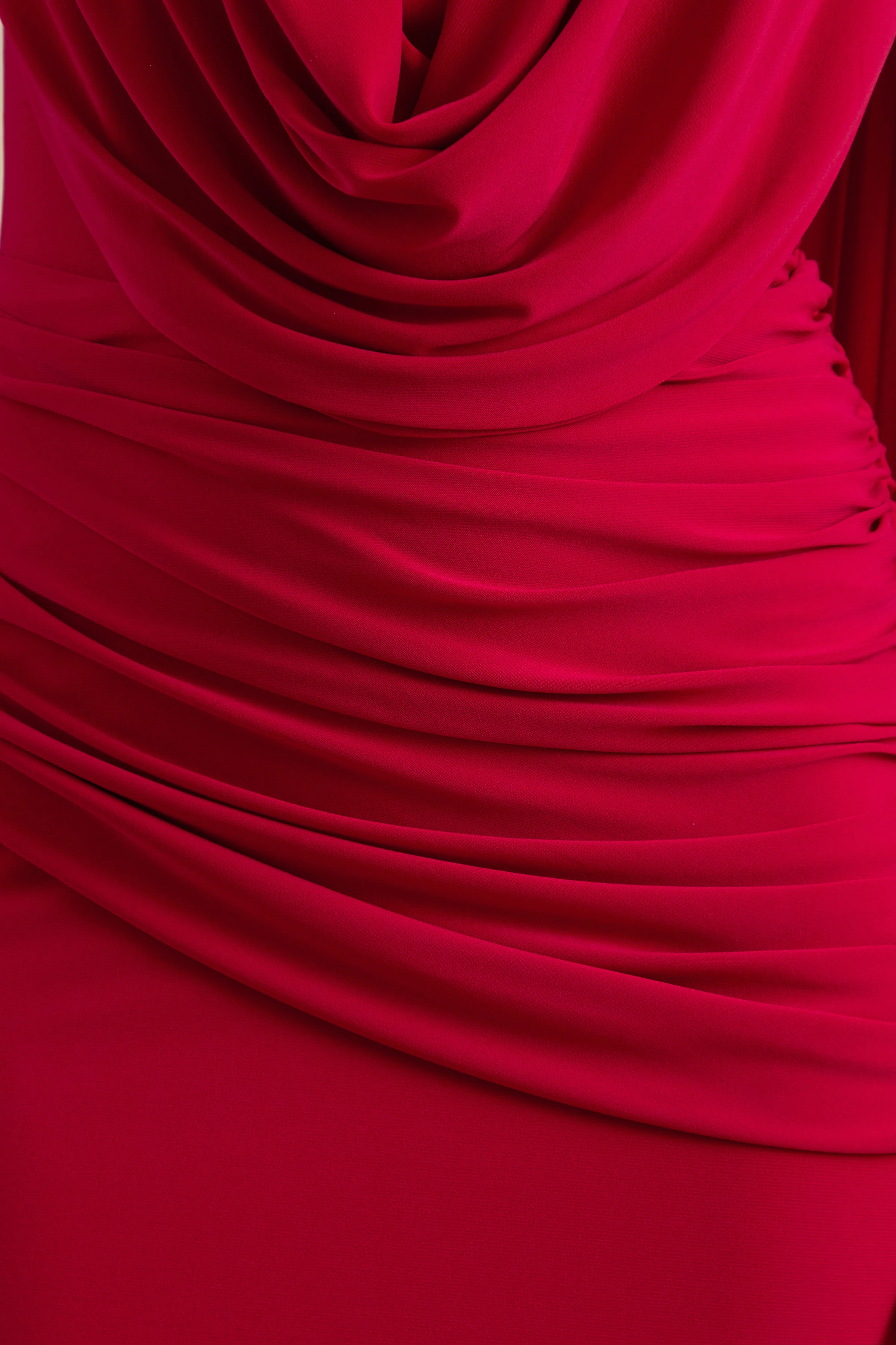 Aralyn | Red Plunge Cowl-Neck Maxi Dress With Sash Detail