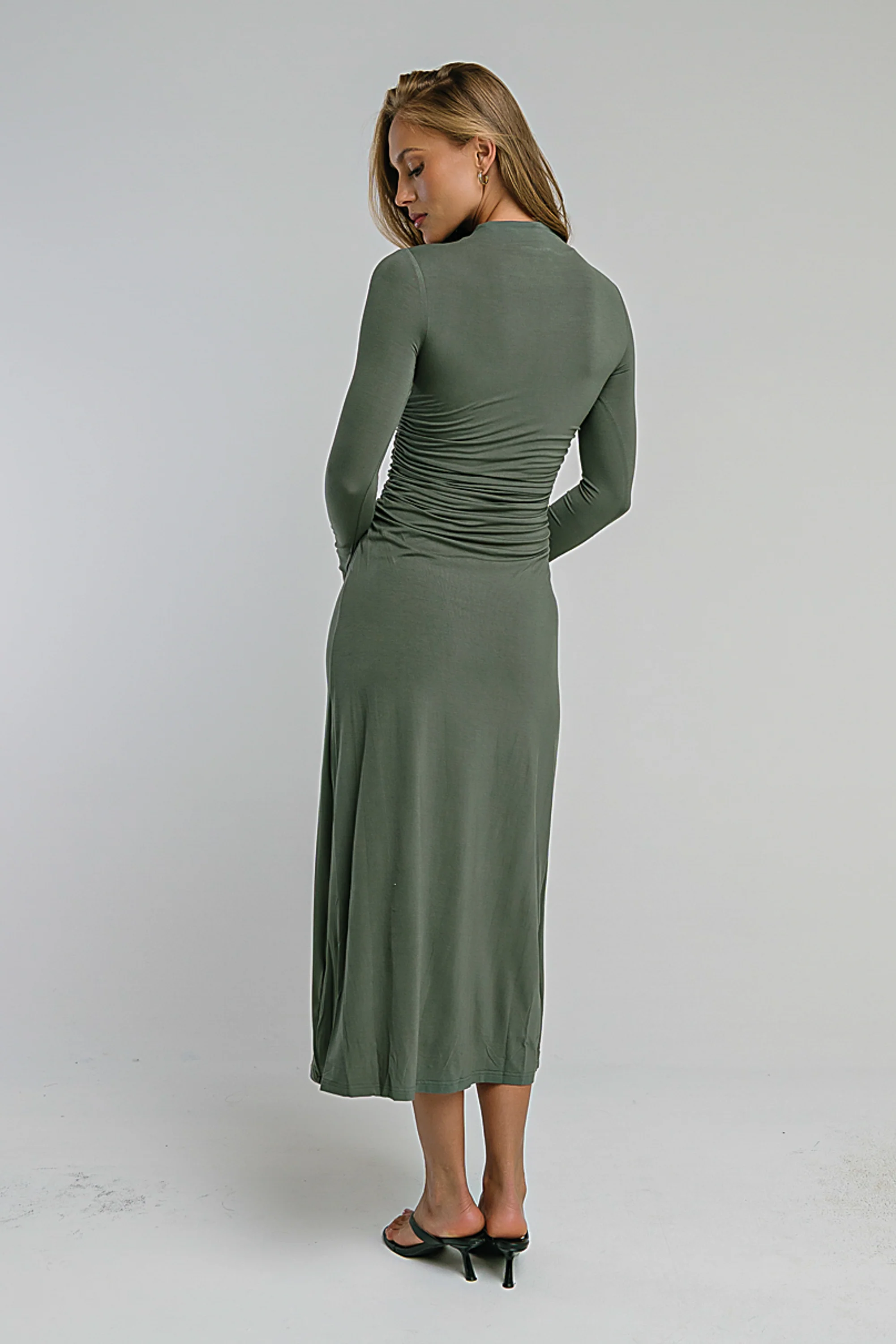Ruth Ruched Midi Dress in Olive