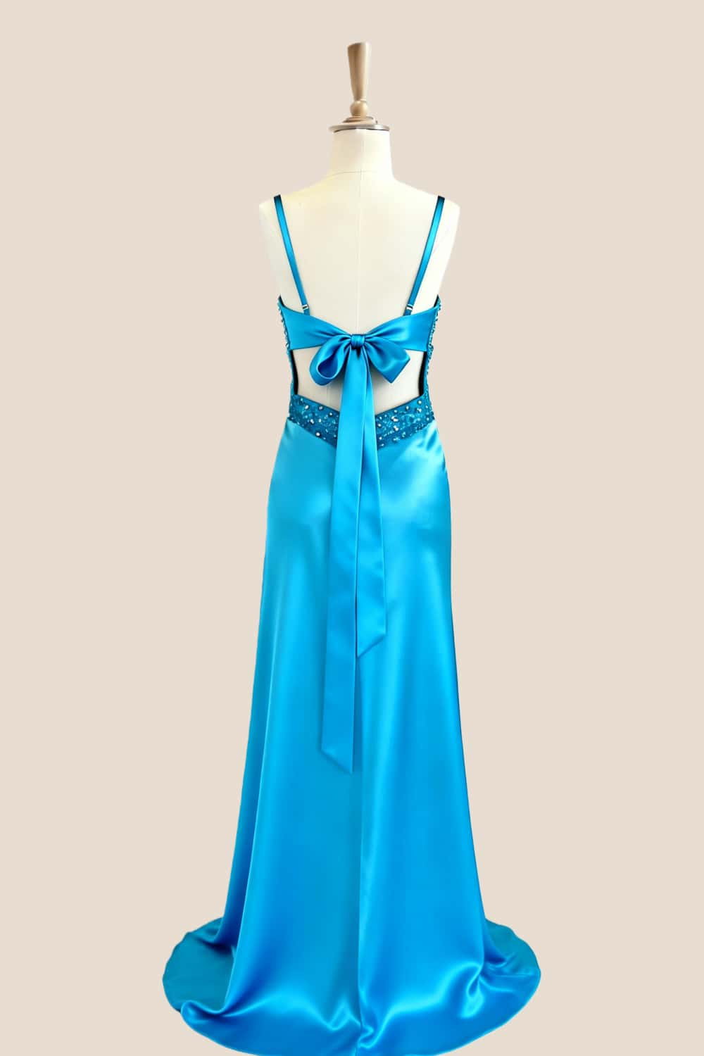 Straps Blue Beaded Satin Fitted Dress