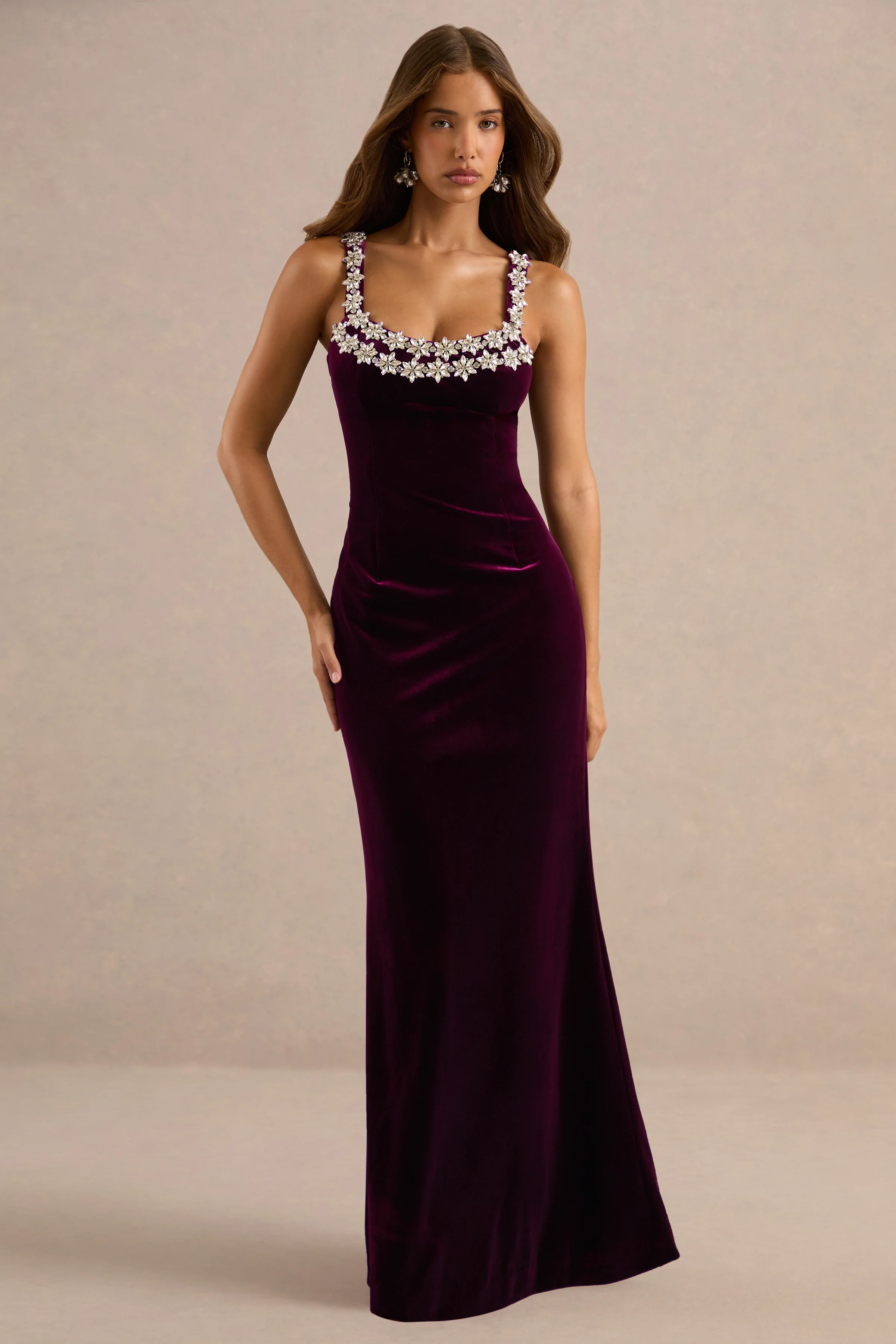 Eilin | Burgundy Velvet Square Neck Maxi Dress With Embellished Detailing And Back Split