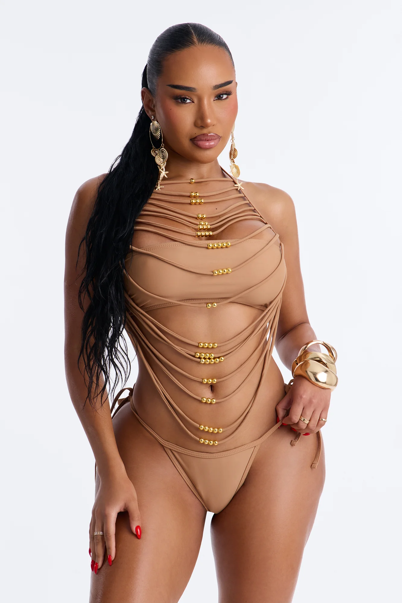 Hot Sand Energy Draped 2 Piece Beaded Bikini Set - Tan