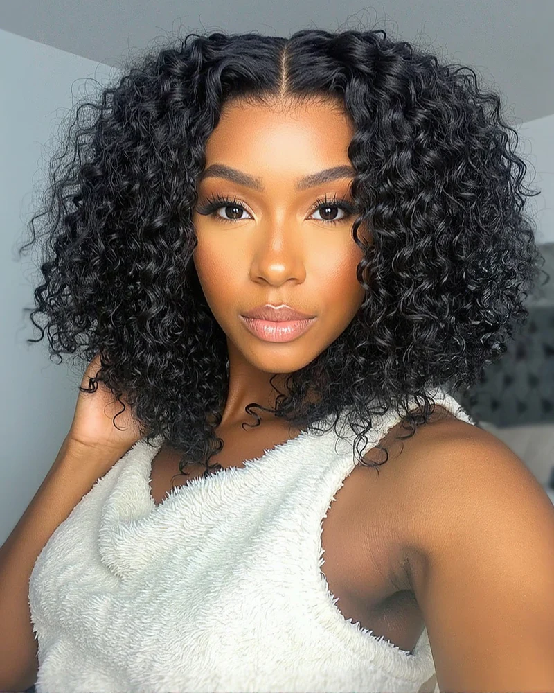 Ophirawig 6x5 Lace Glueless & 6 Inches Deep Part Jerry Curly Bob Wig Pre-cut Lace Natural Black