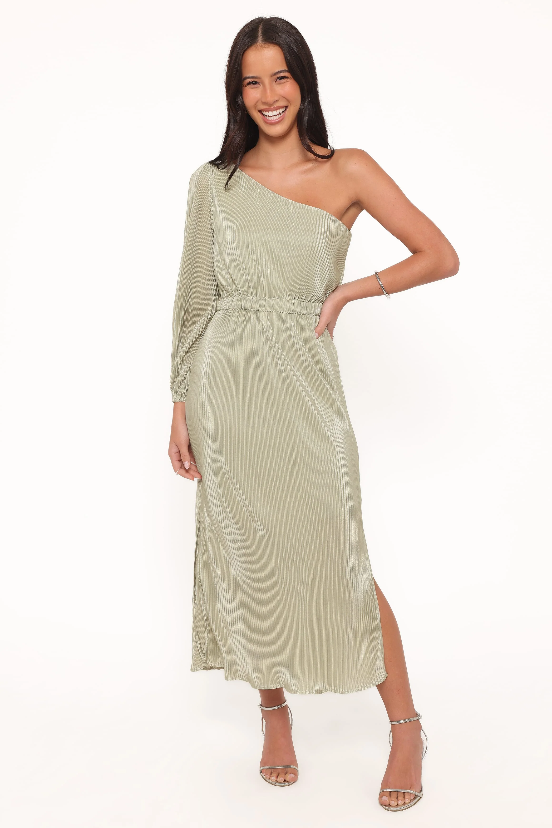 Pontee One Shoulder Pleated Midi Dress - Sage Green