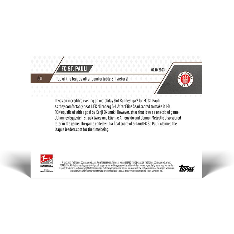 Topps UK - FC St. Pauli - Top of the league after comfortable 5-1 victory! - Bundesliga TOPPS NOW® Card #41
