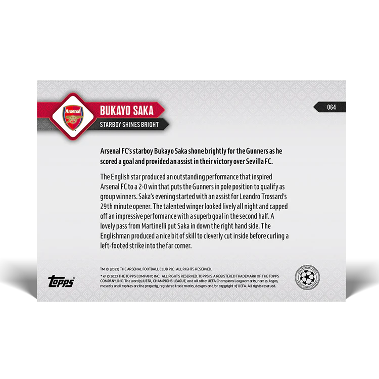 Topps UK - Bukayo Saka - Starboy shines bright - UCL TOPPS NOW® Card #64