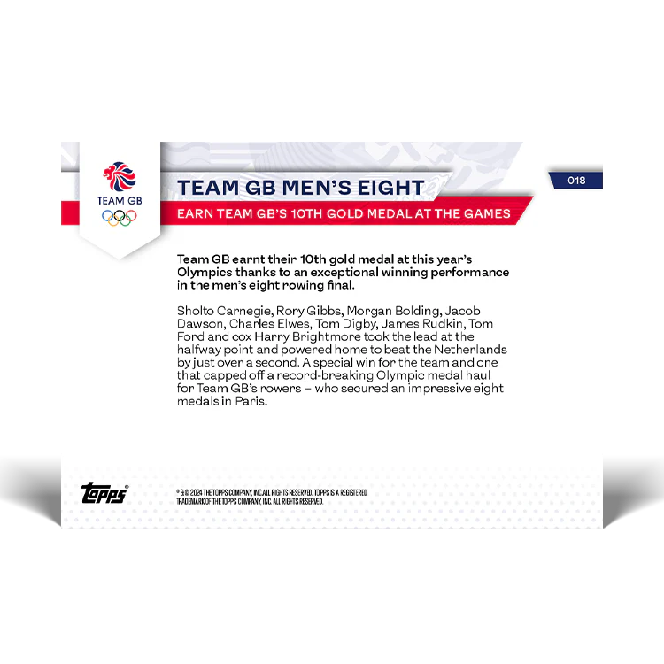 Team GB Men's Eight - Earns Team GB's 10th gold medal at the games - 2024 Team GB TOPPS NOW® Card 18