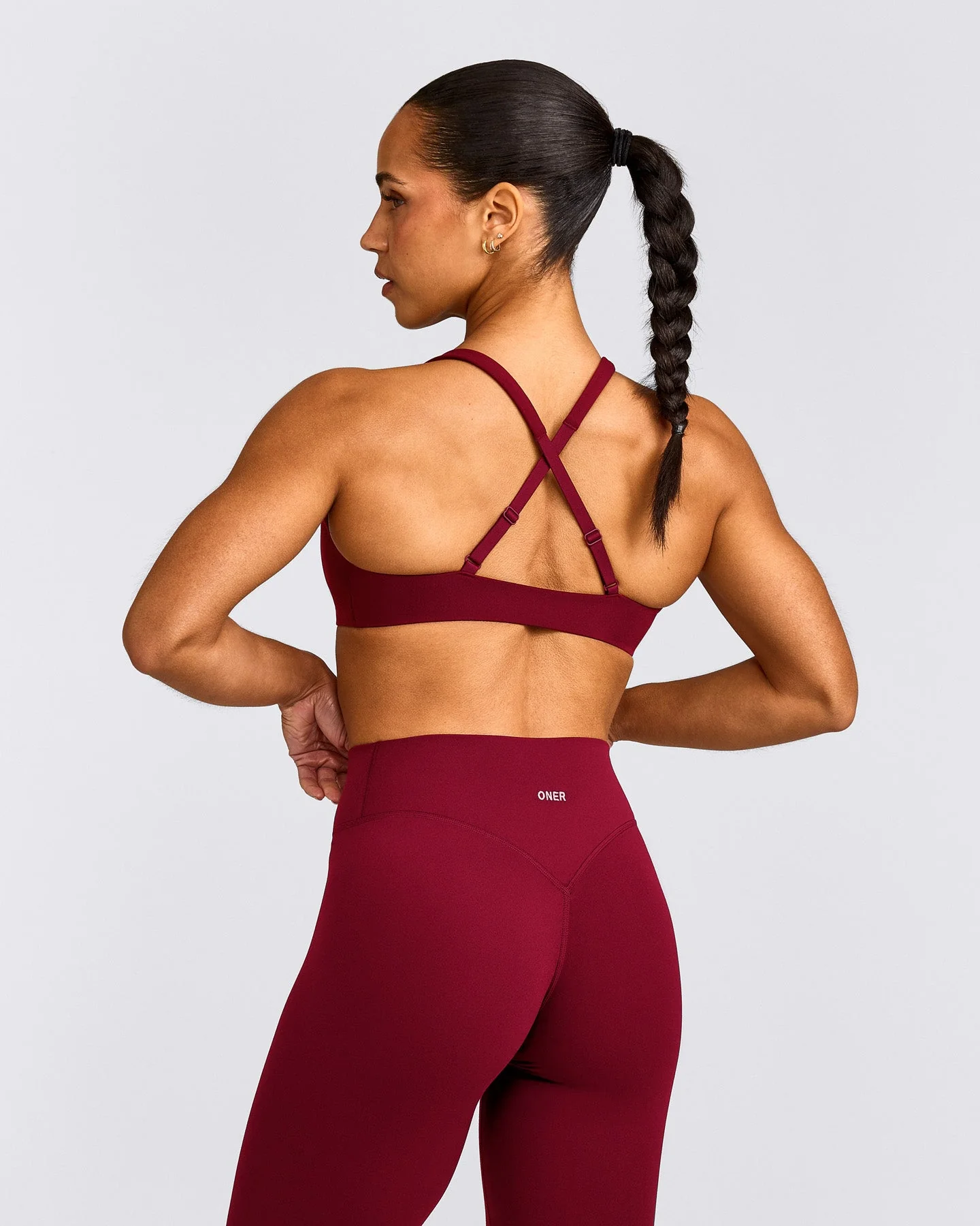 EasyLift™ Cross Back Sports Bra with Grey Logo | Ruby Red