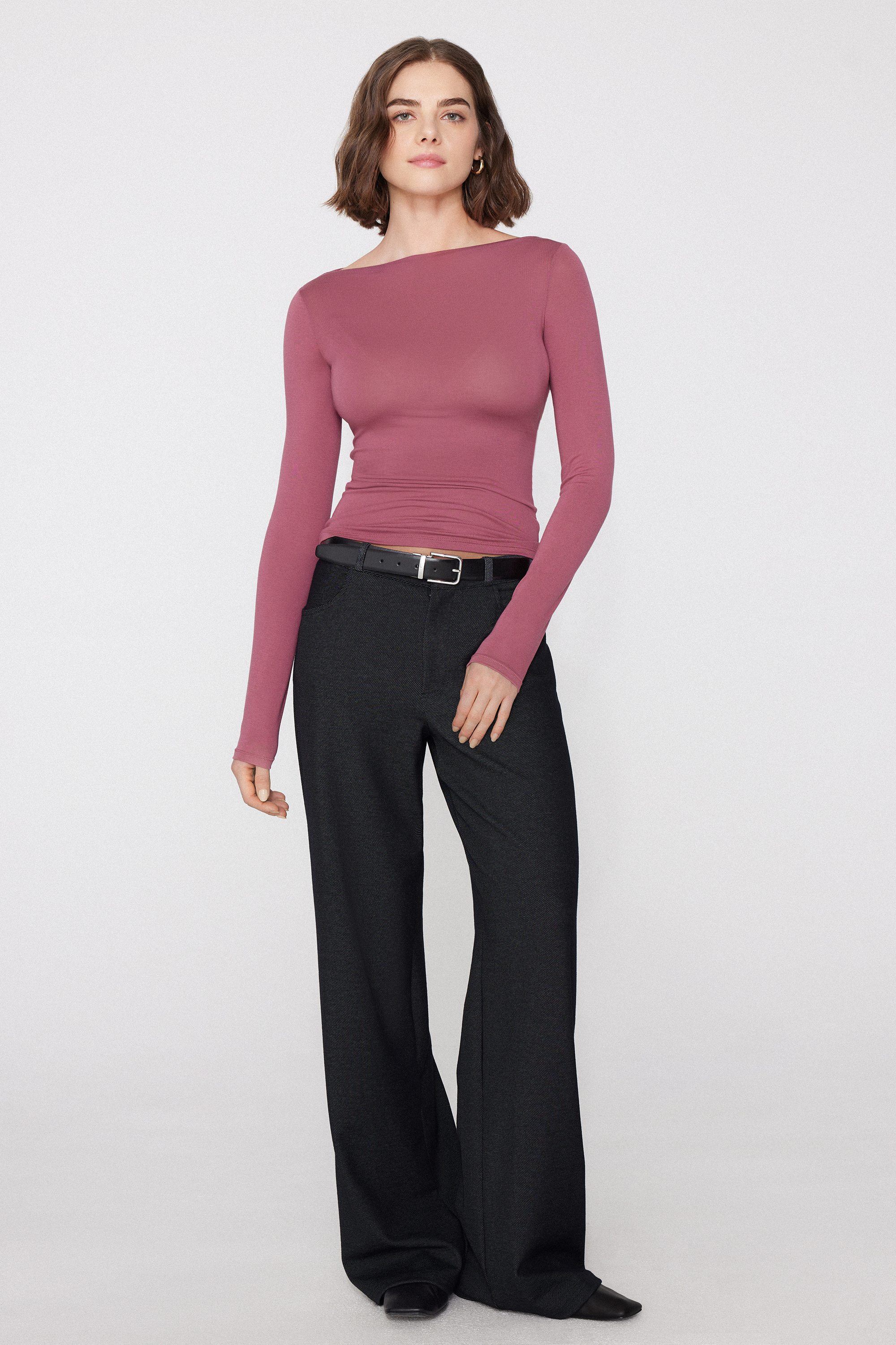 Long-Sleeved Viscose Top with Boat Neck