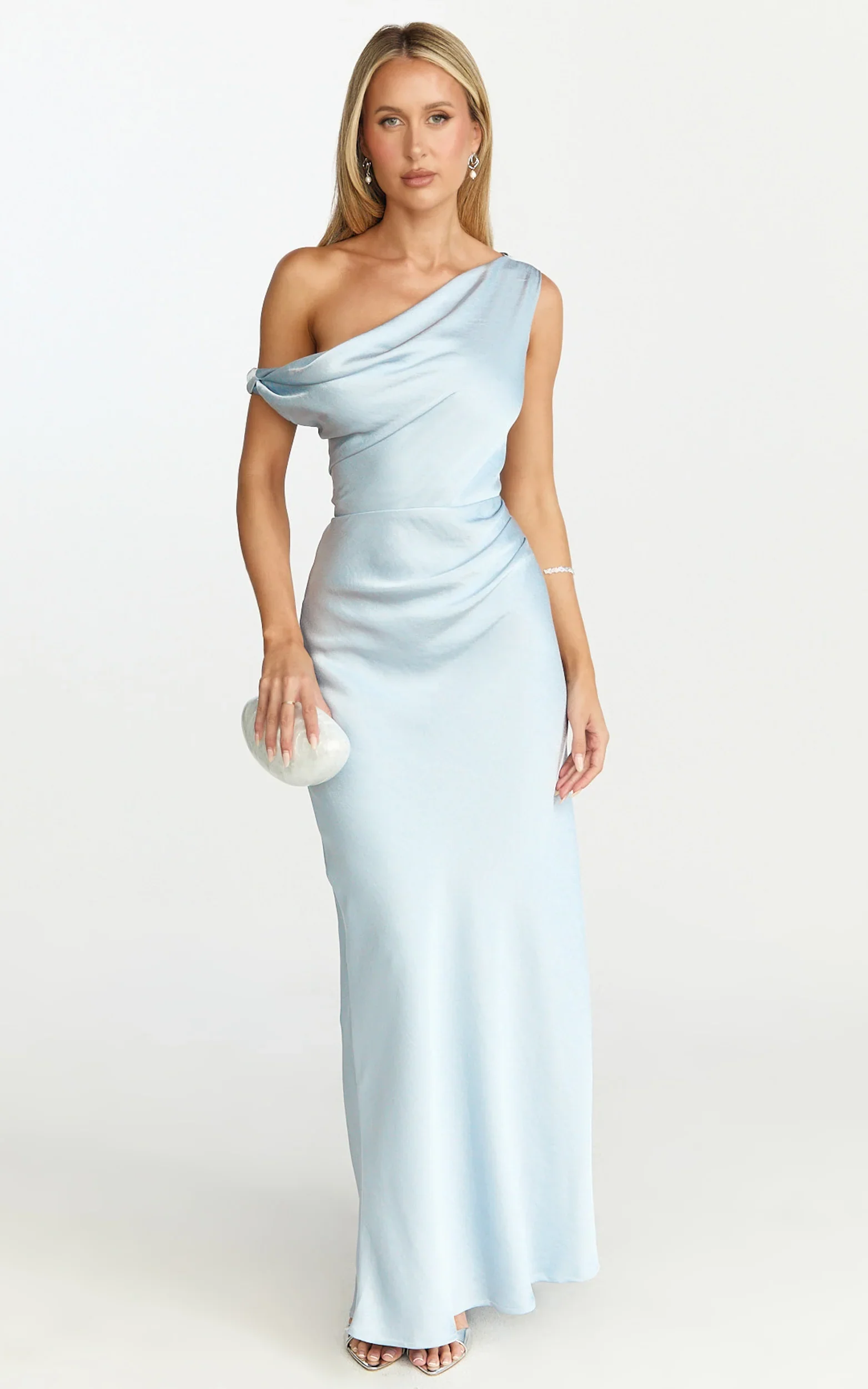Lira Midi Dress - One Shoulder Satin Dress in Pale Blue