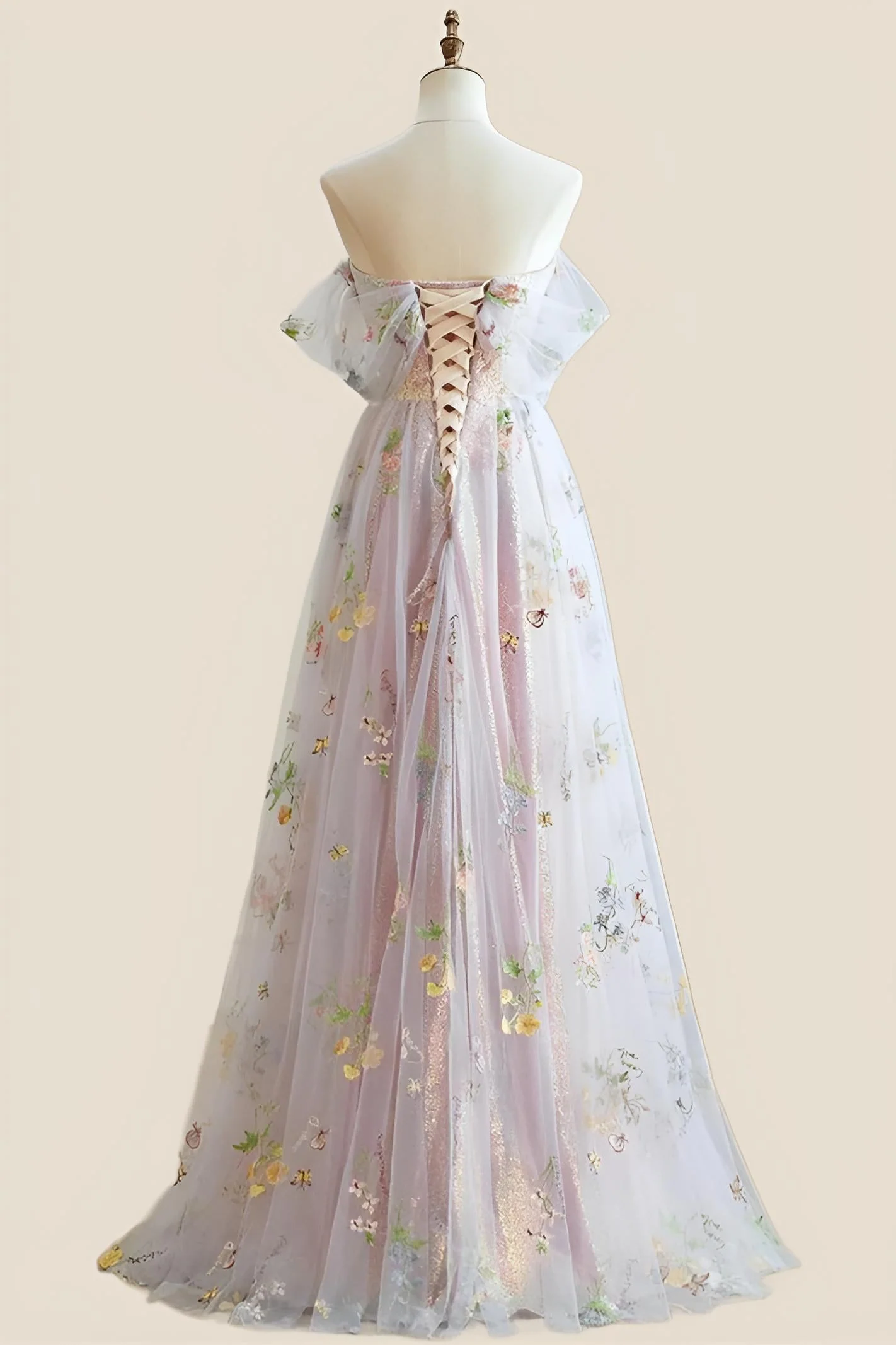 Off the Shoulder Pink Floral Tulle Princess Dress