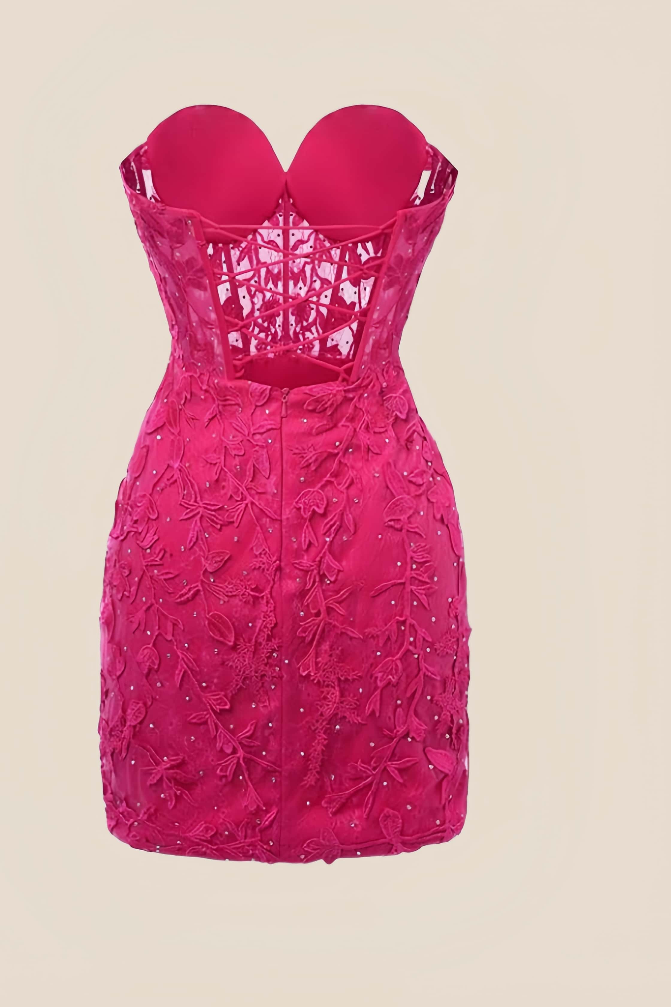 Strapless Neon Pink Appliques Tight Short Dress
