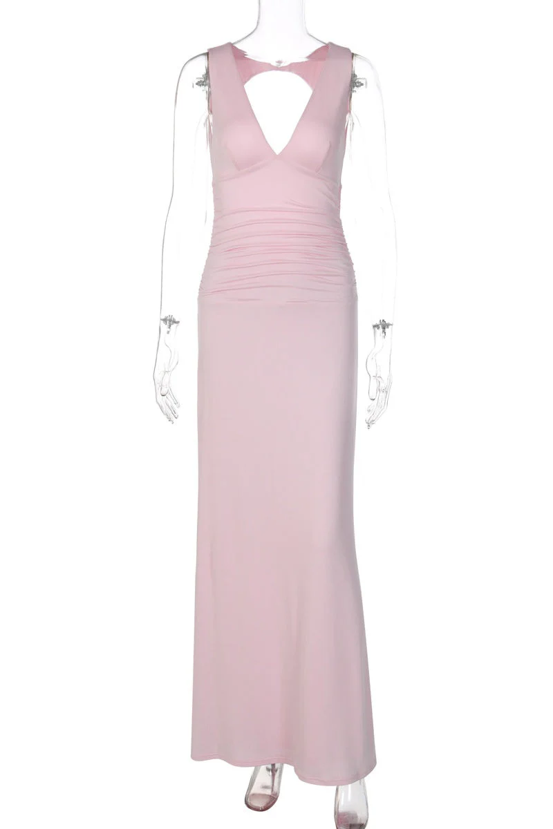 Backless Pink V neck Fitted Long Dress