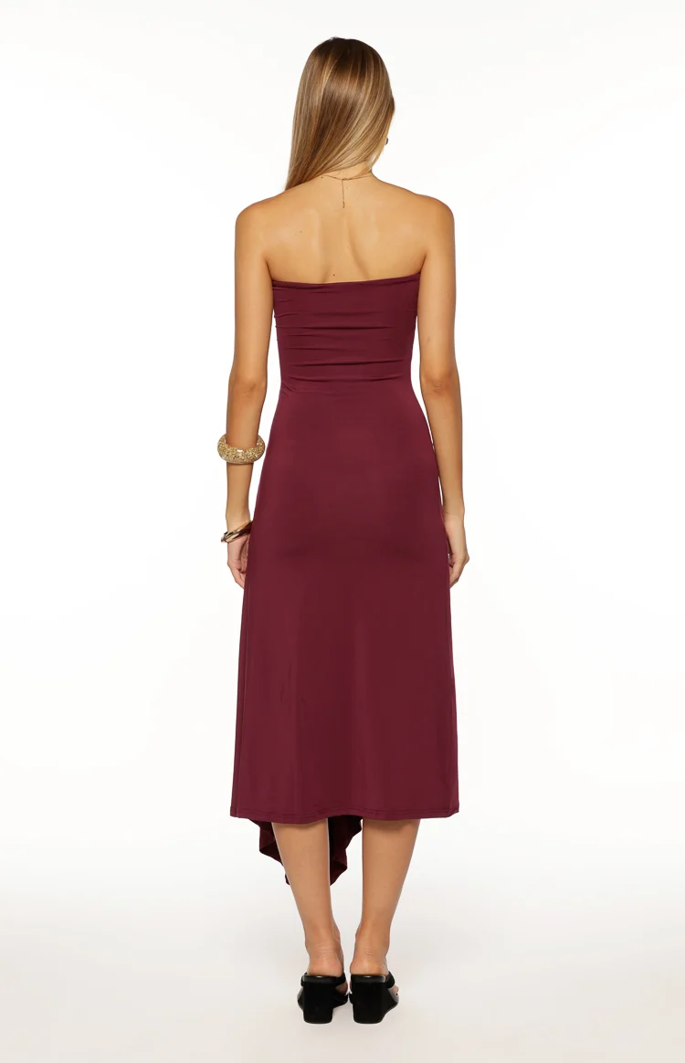 Maura Plum Strapless Asymmetrical Midi Dress