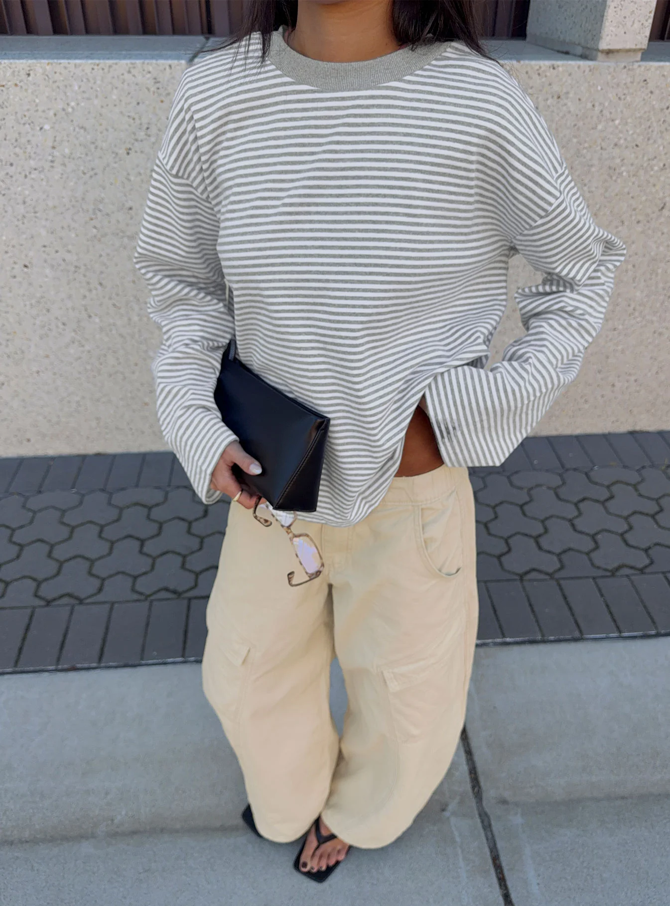 Settle Down Long Sleeve Top Grey / White Stripe