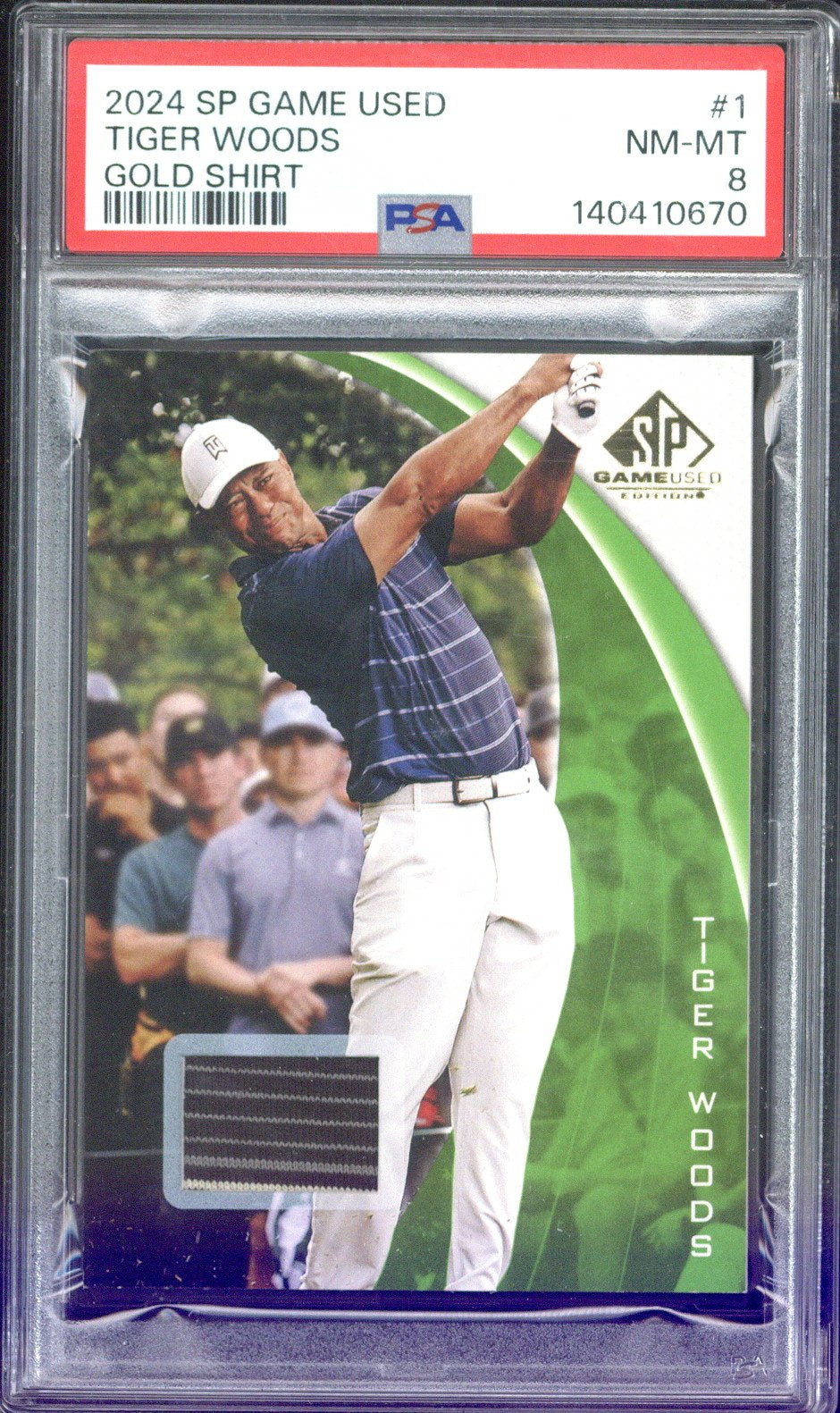 Upper Deck SP Game Used Golf Tiger Woods Gold Shirt Relic #1 PSA 8